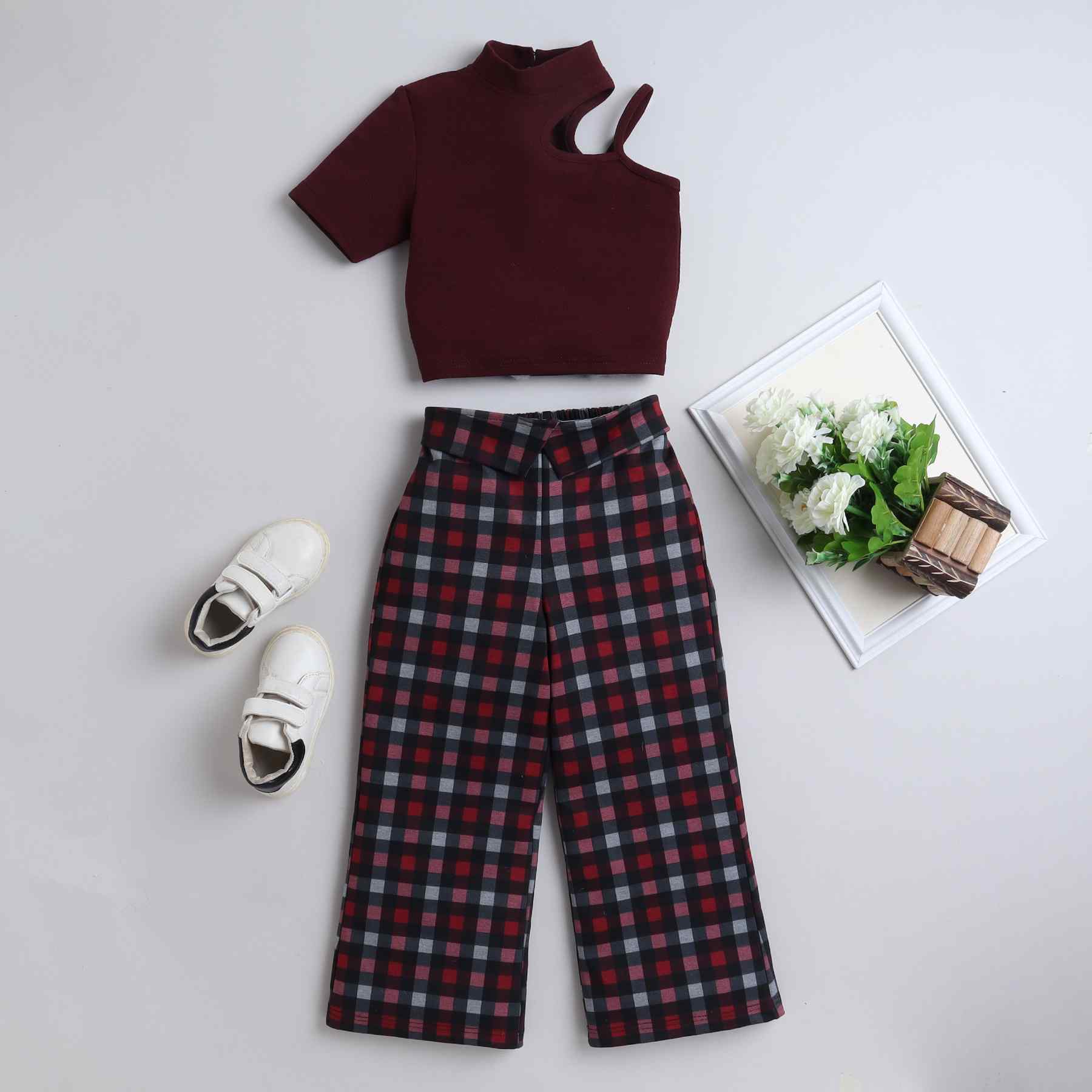 Solid asymmetric neck half sleeves crop top and checks printed fold over pant set-Maroon/Multi