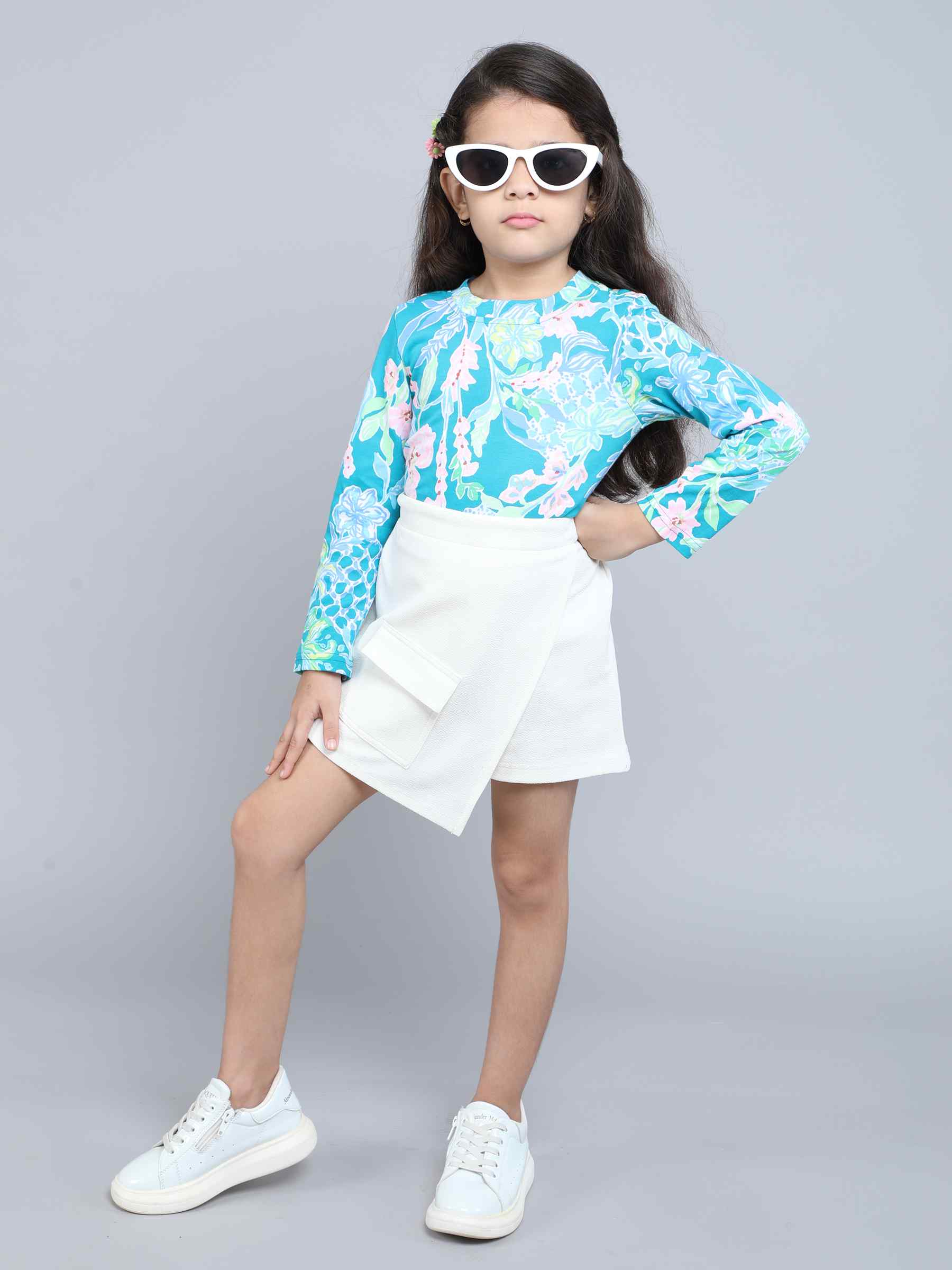 floral printed full sleeves crop top and solid skorts set-White/Multi