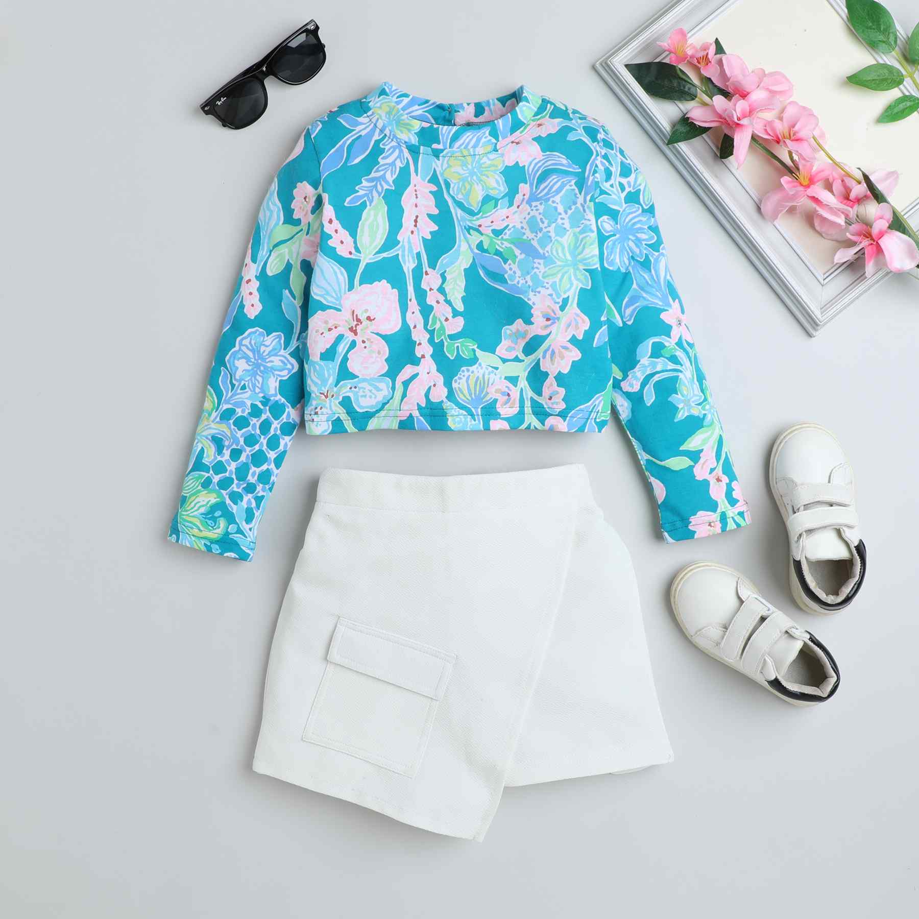 floral printed full sleeves crop top and solid skorts set-White/Multi