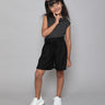 striped high neck crop top and paper bag waist mini shorts set- Black