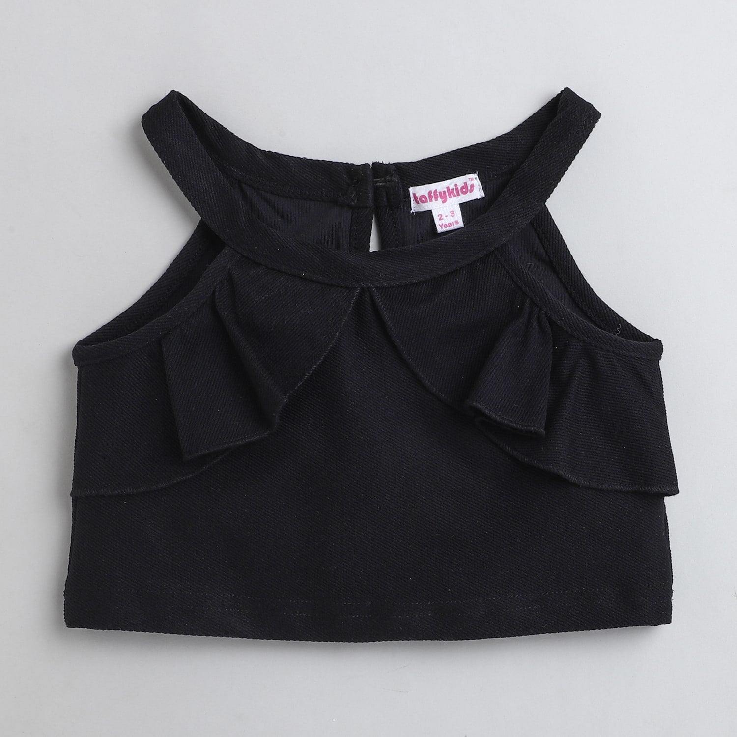 Girls Black Halter Neck Crop with Khaki Linen Belt Detailed Skirt Set