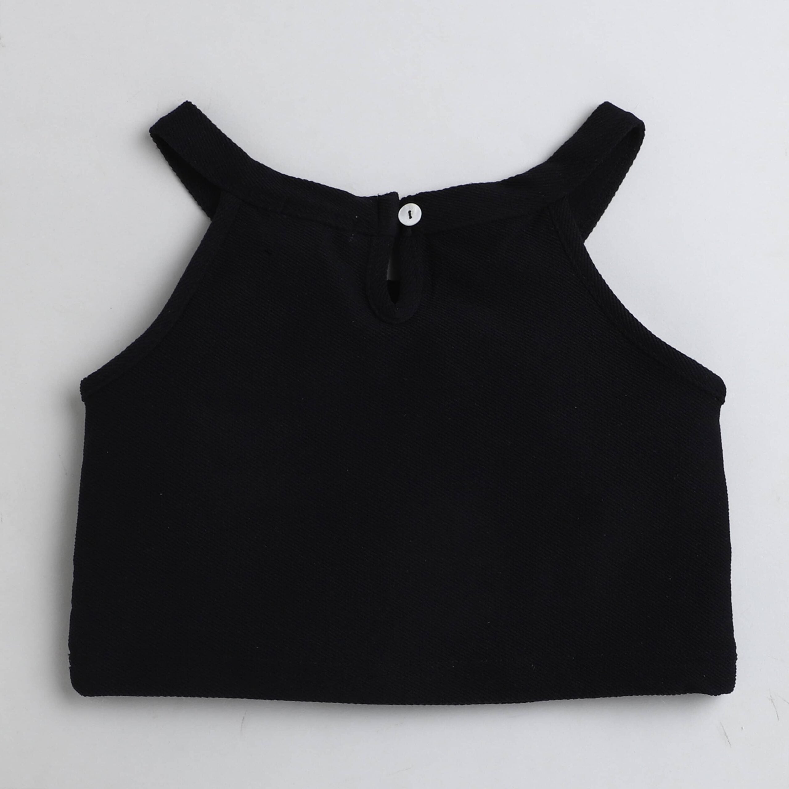 Girls Black Halter Neck Crop with Khaki Linen Belt Detailed Skirt Set