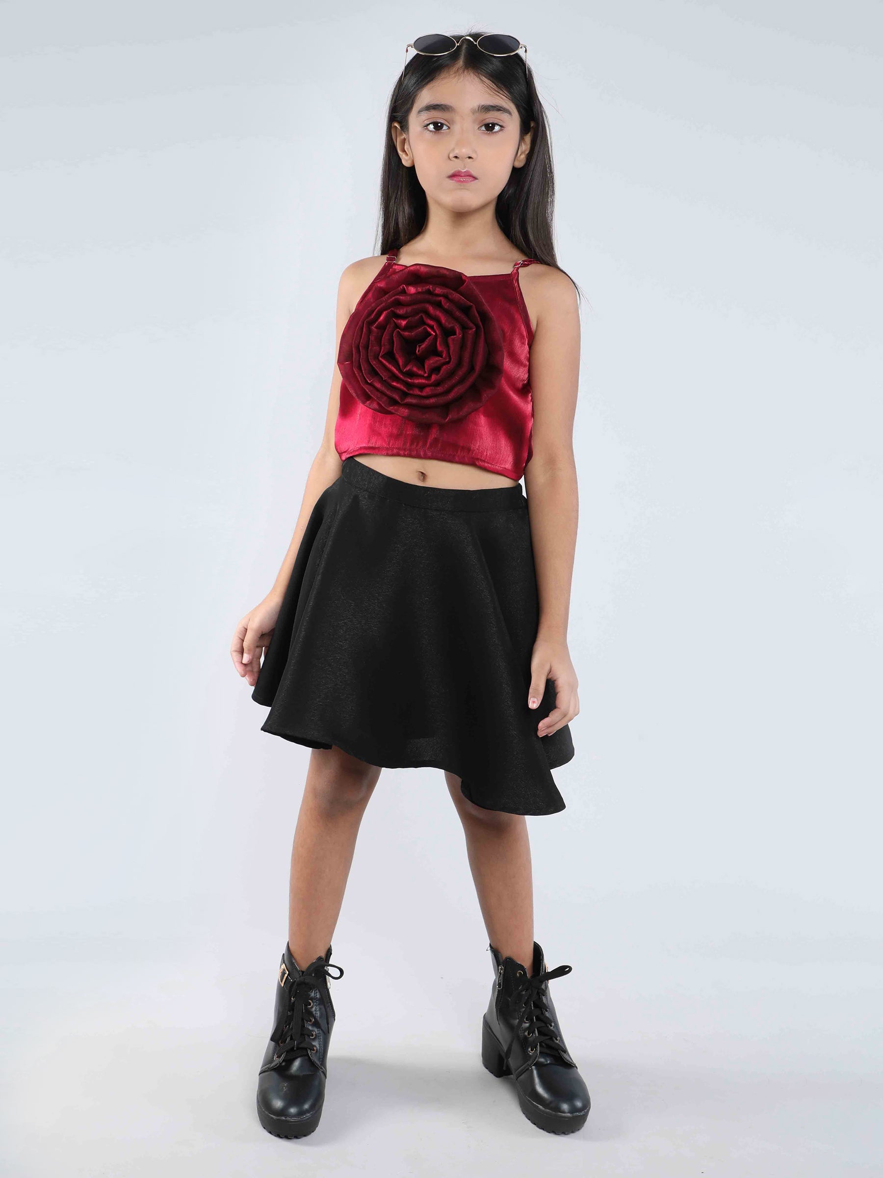 Organza Rose Detail Singlet Party Crop Top And Circle Skirt Set-Wine & Black