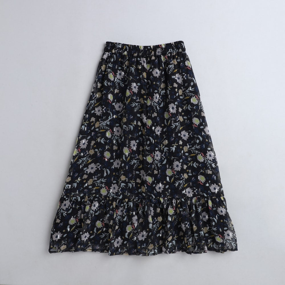 Girls Black Ethnic Floral Printed Crop Top and Skirt Co-Ord (Set of 2)