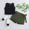 sleeveless rushed crop top and tie-up detail shorts set-Black/Green