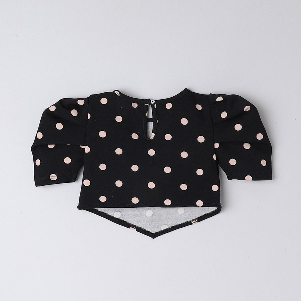 Girls Black Taffy Half Puffed Sleeves Polka Dots Printed Crop Top & Wrap Skirt Set