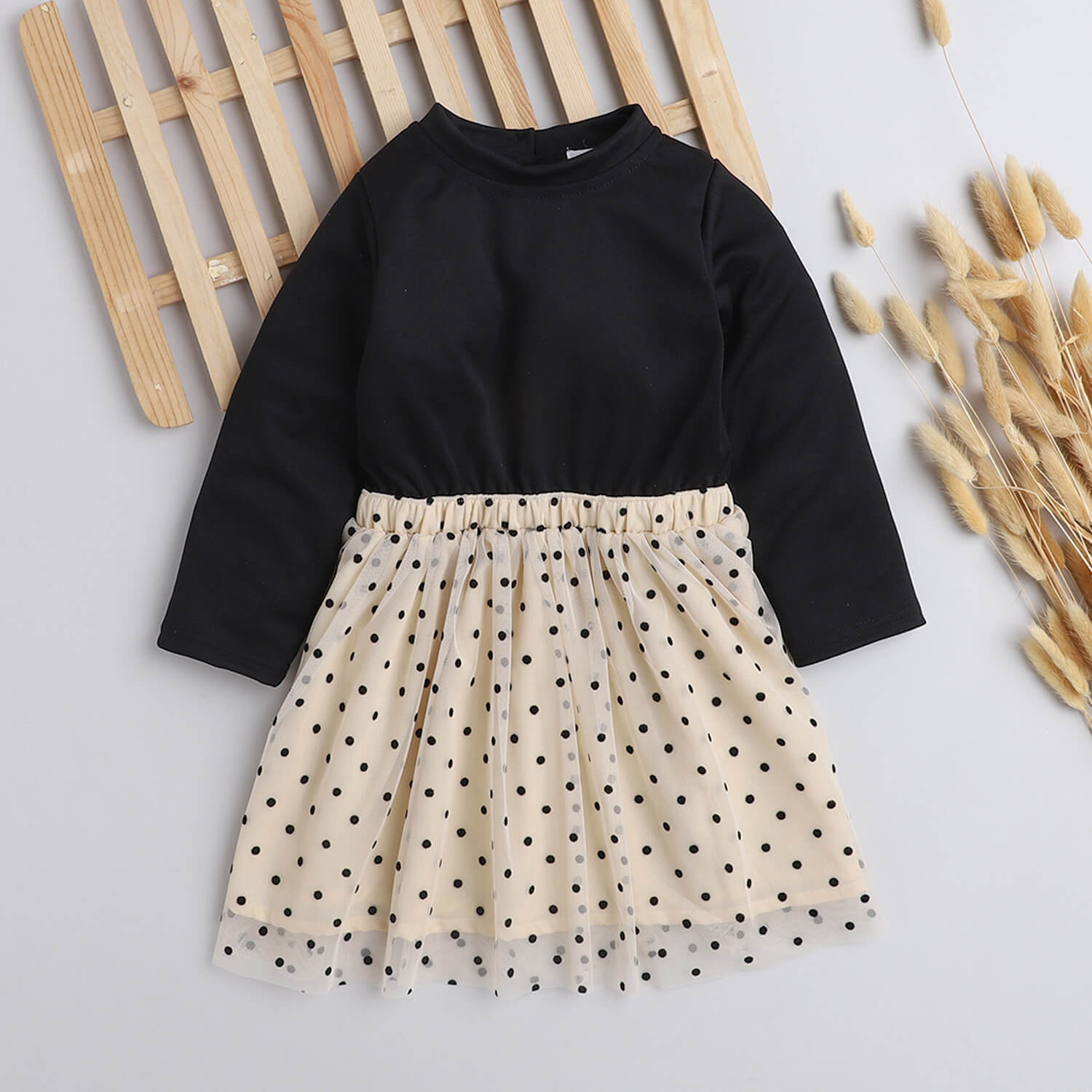 Shop Polka Full Sleeves Polka Dot Printed Fit And Flare Dress-Black/White Online