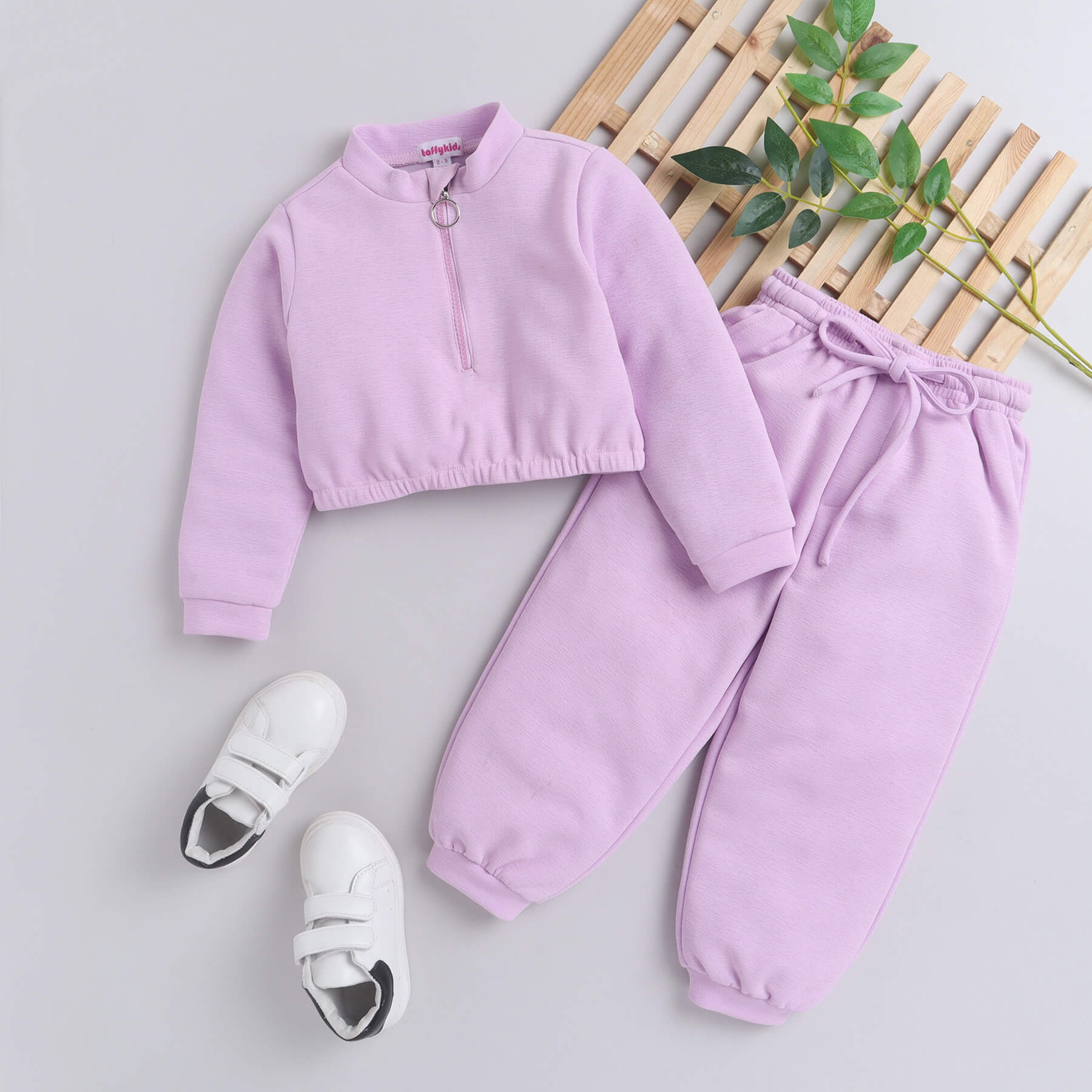 Taffykids full sleeves zip detailed top with jogger pant-Purple