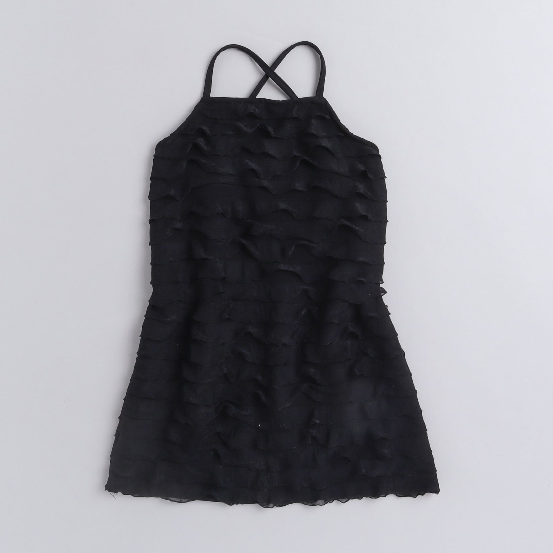 Girls Black Sleeveless Solid Ruffled Dress
