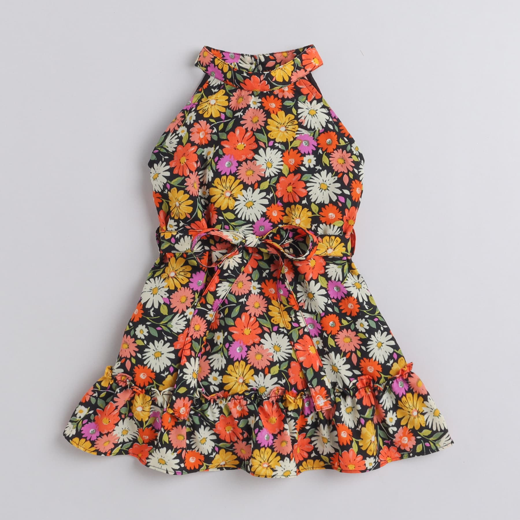Girls Black Multicolor Floral Printed Halter Neck Sleeveless Dress