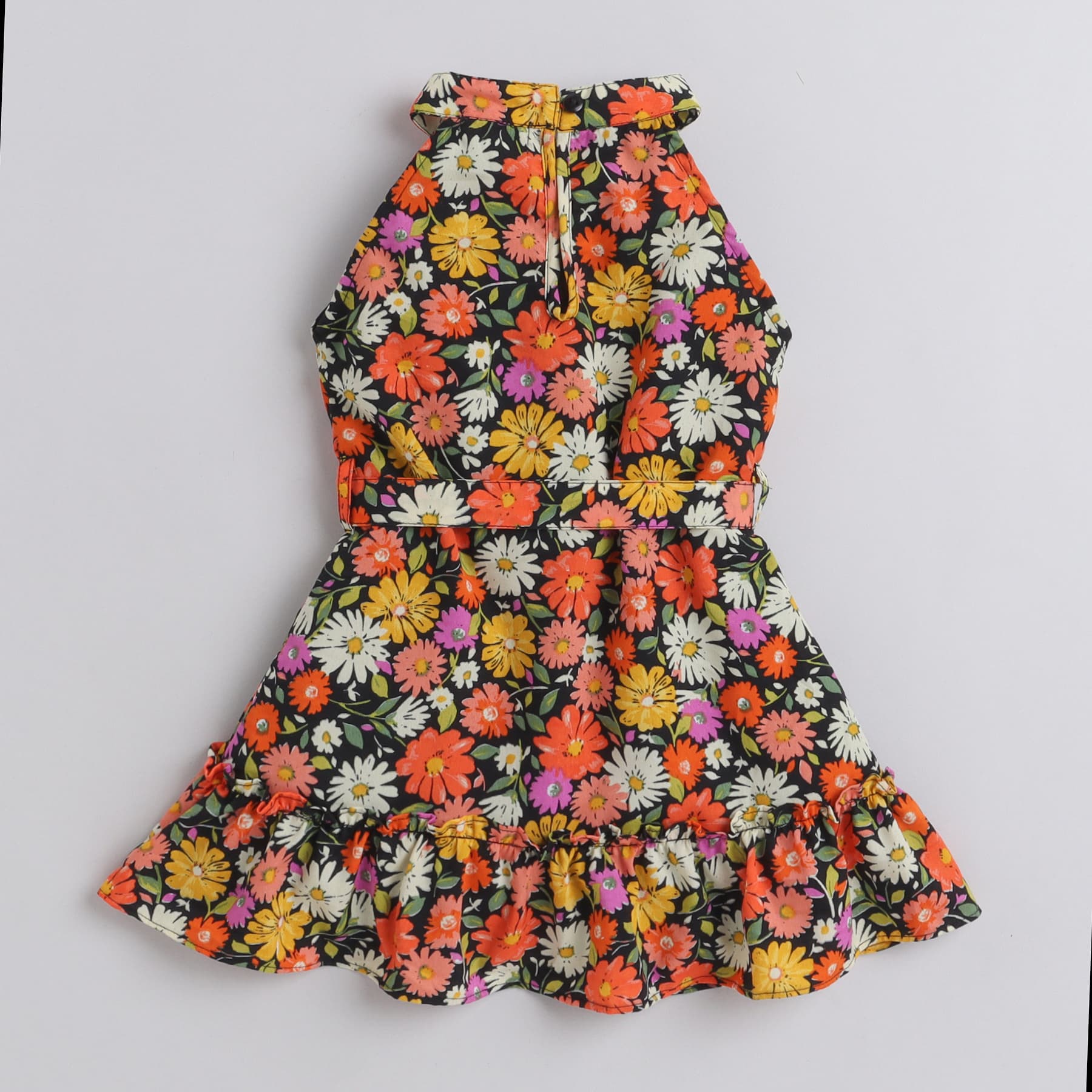 Girls Black Multicolor Floral Printed Halter Neck Sleeveless Dress
