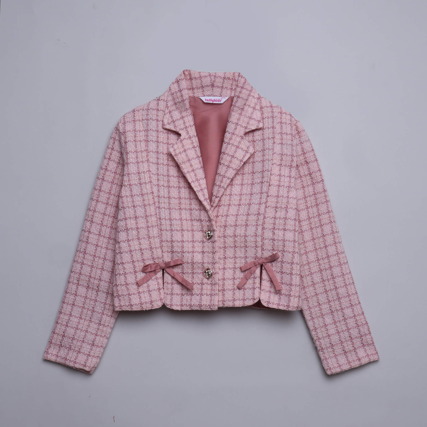 tweed full sleeves slit and bow detail crop blazer-Pink