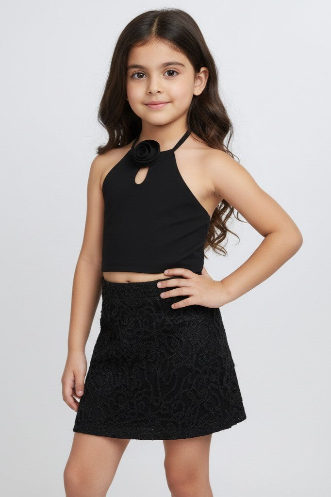woven sleeveless rose detail crop top and skirt set-Black