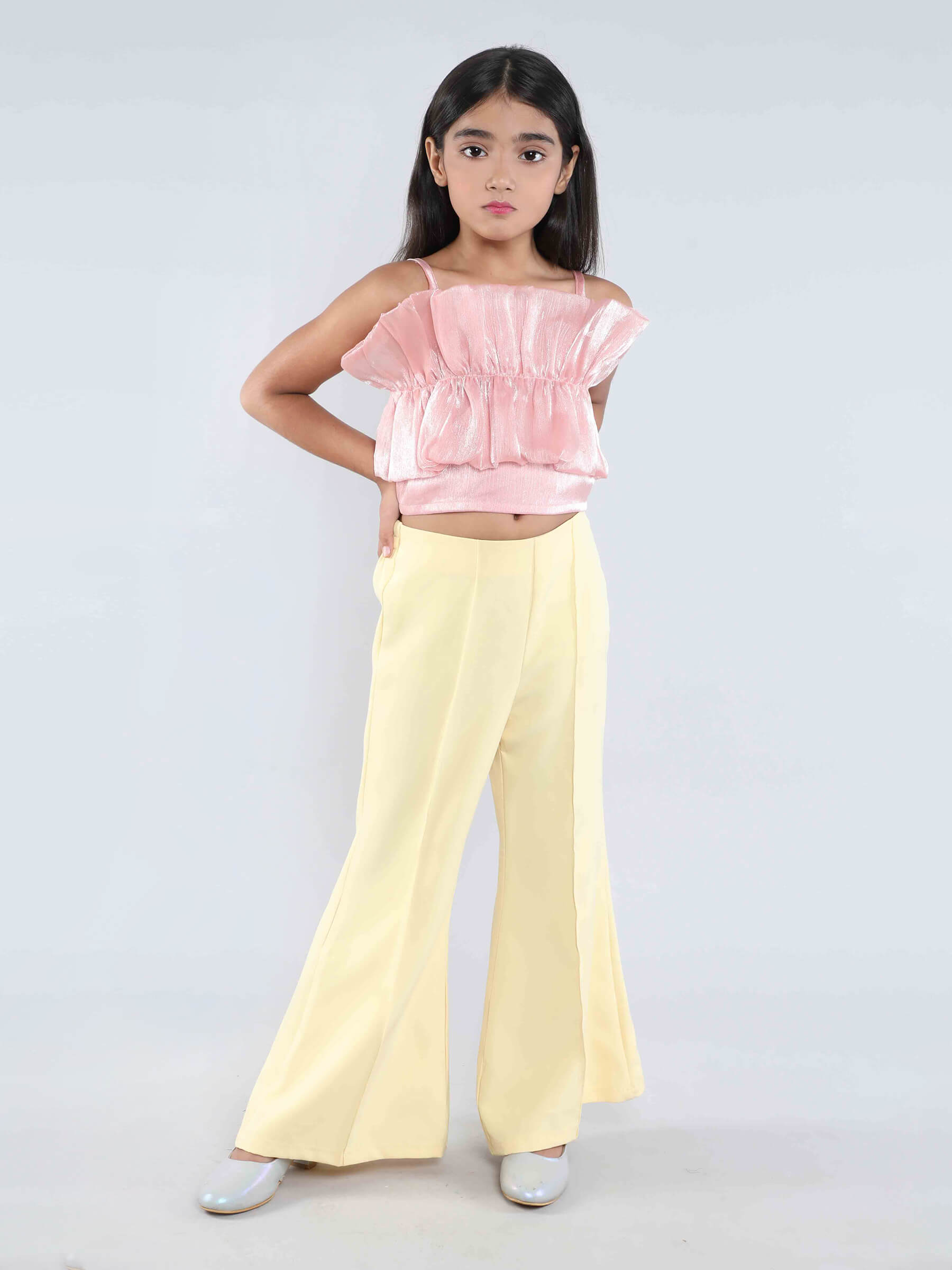 Ruffle detail party crop top and bell bottom pant set- Pink/Yellow