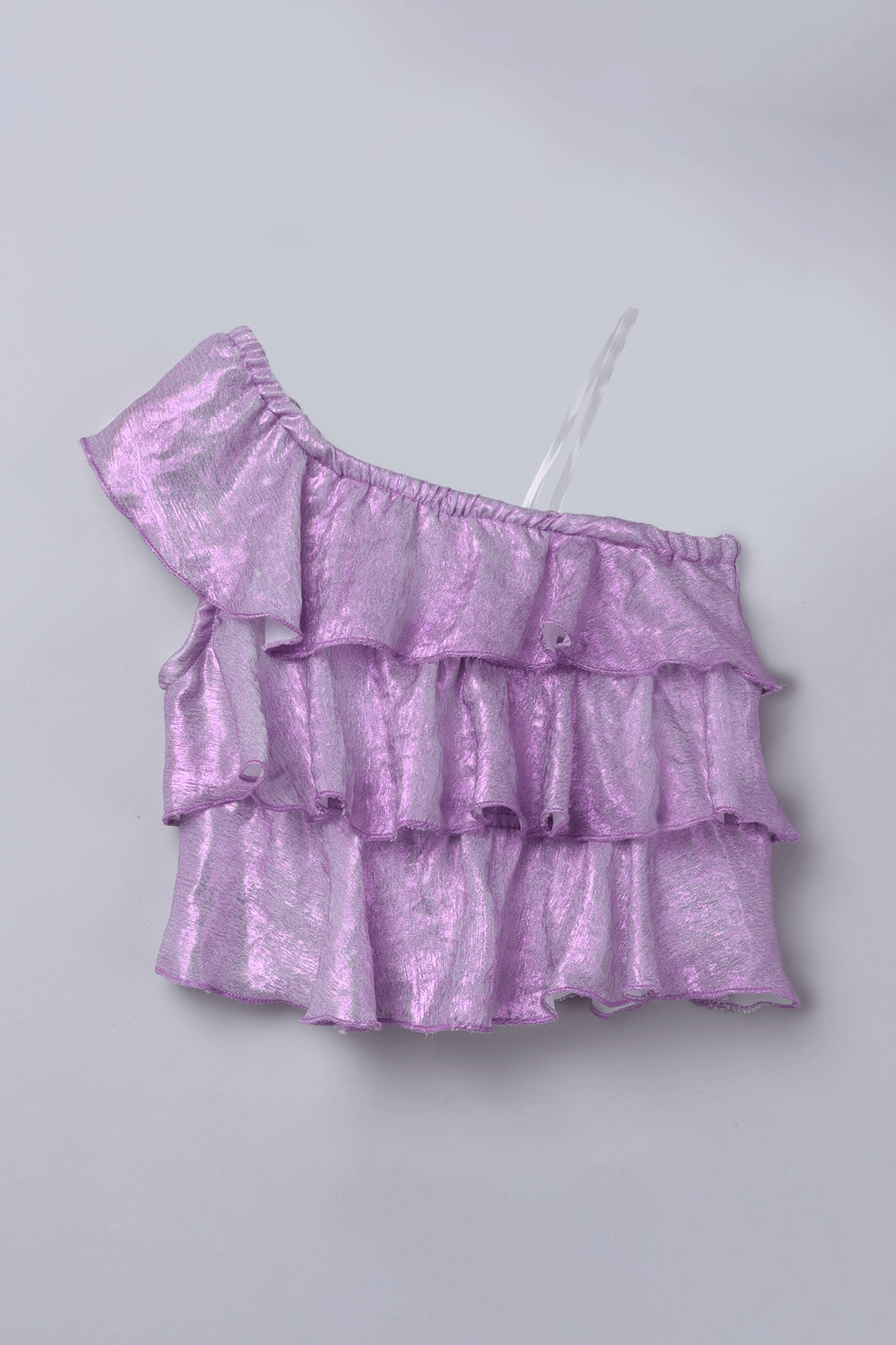 Foil printed one shoulder ruffle party crop top with metallic lurex skirt set-Purple/Multi