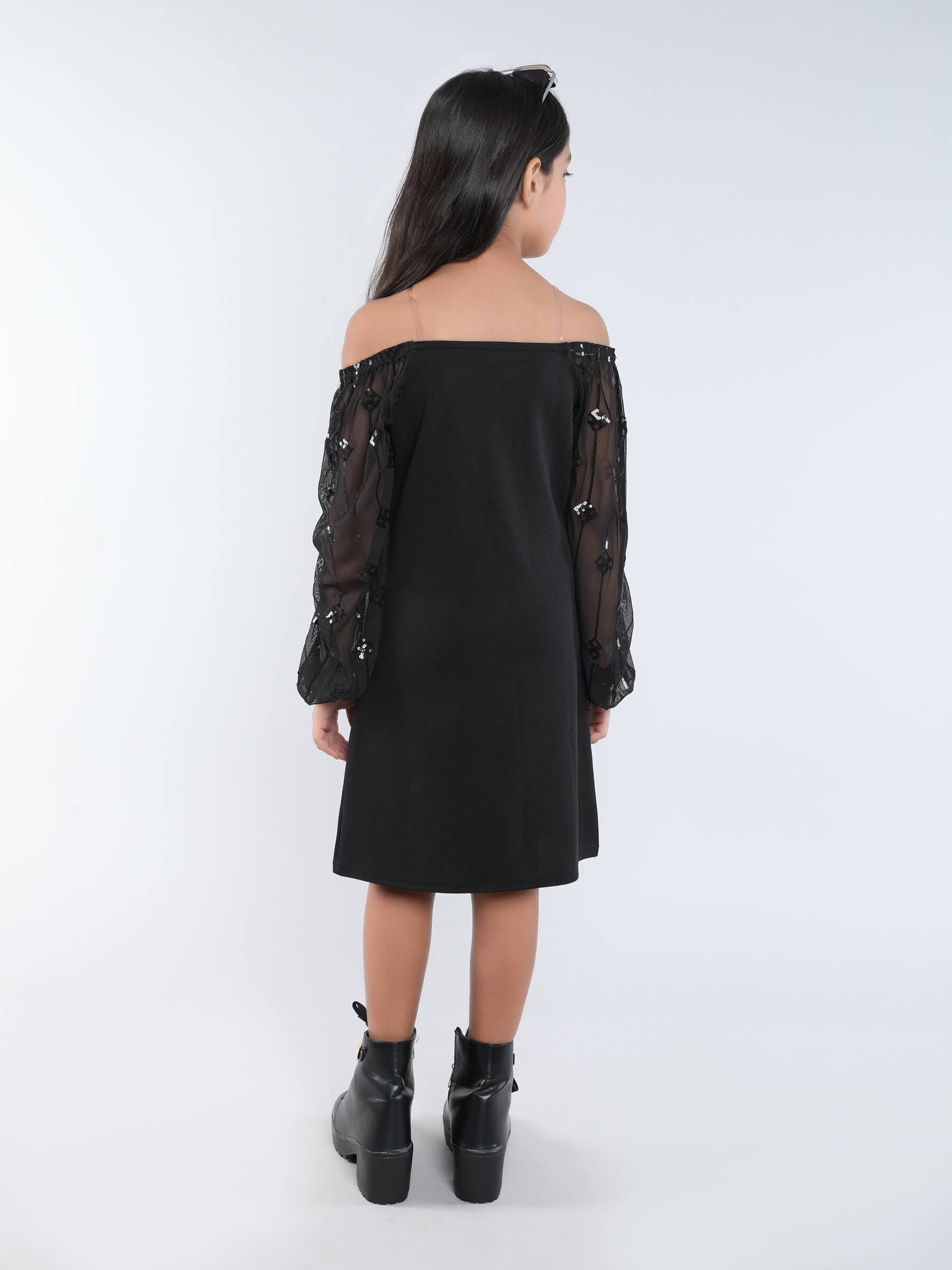 sequins embellished full sleeves off shoulder party dress-Black