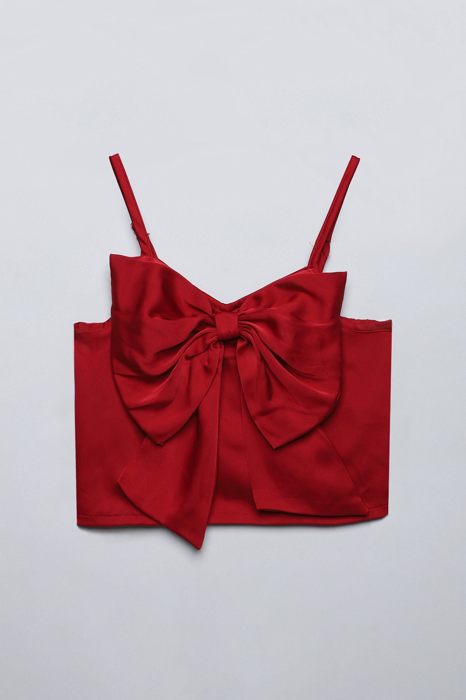 Satin Bow detailed sleeveless singlet party crop top-Red