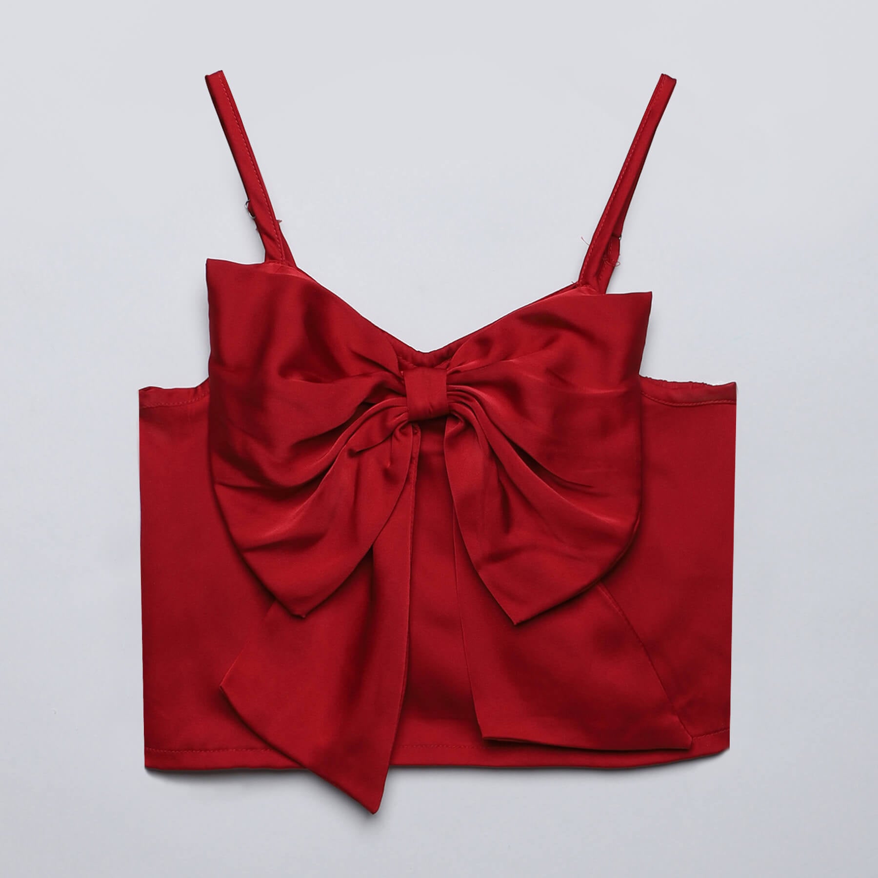 Satin Bow detailed sleeveless singlet party crop top-Red