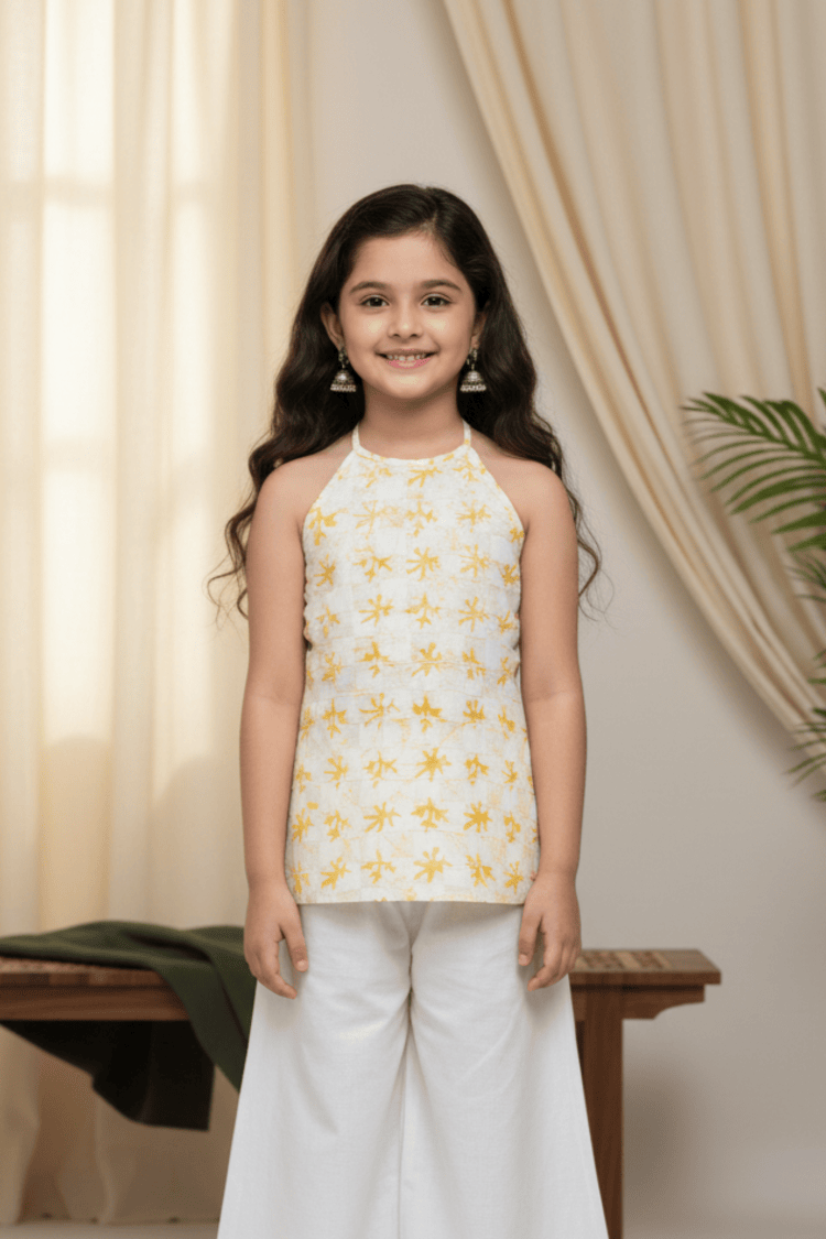 100% cotton woven sleeveless abstract printed halter neck Top-Yellow