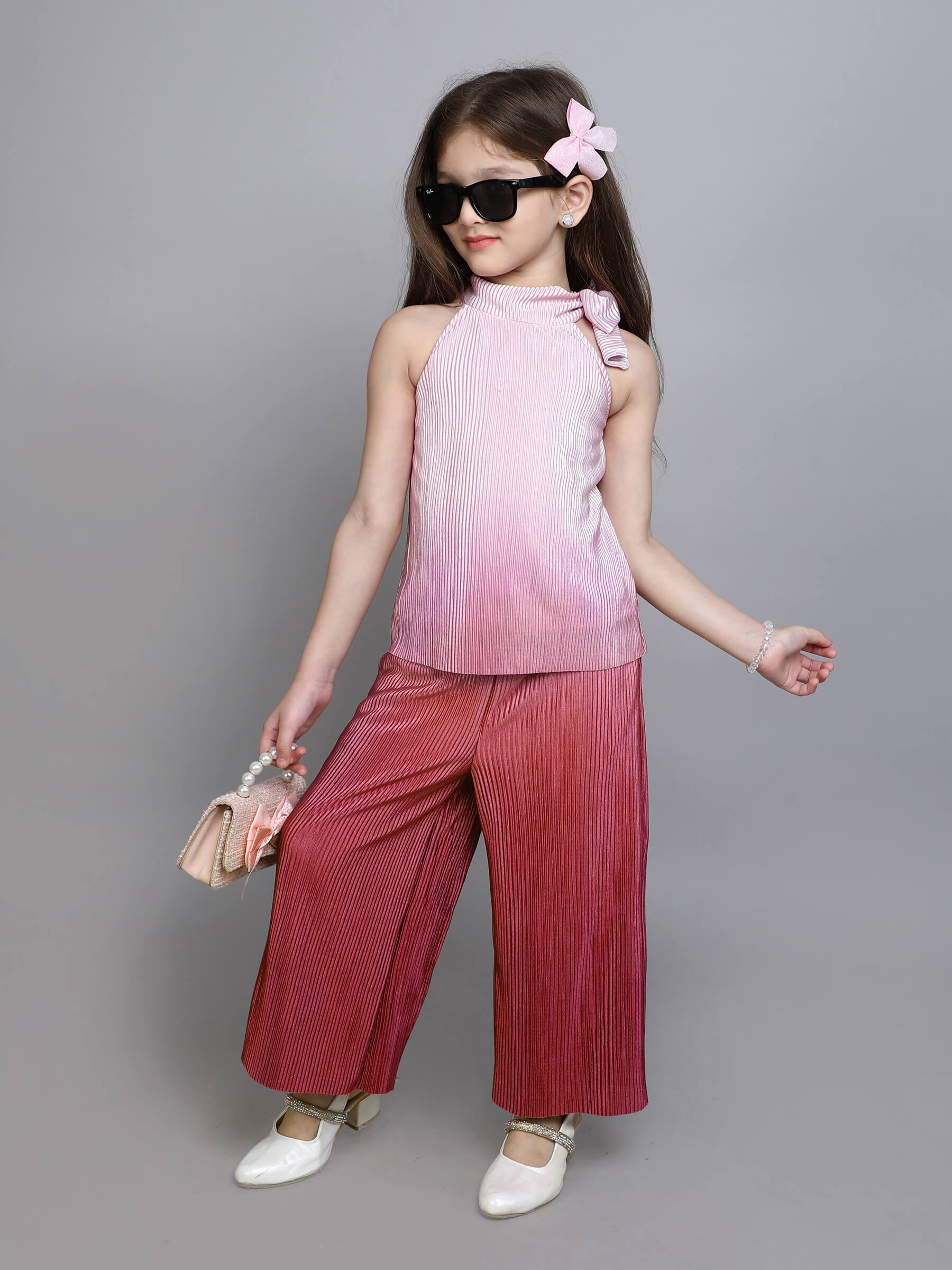 Taffykids Ombre printed pleated sleeveless Scarf neck  Aline party top and pant set-multi