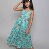 girls green floral printed cut out detail back tie-up ethnic gown