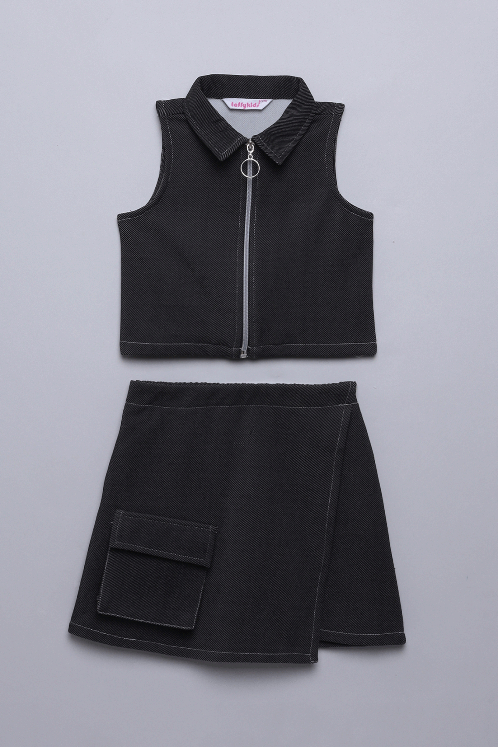 Denim sleeveless zip up crop top with matching skirt set-Black/white