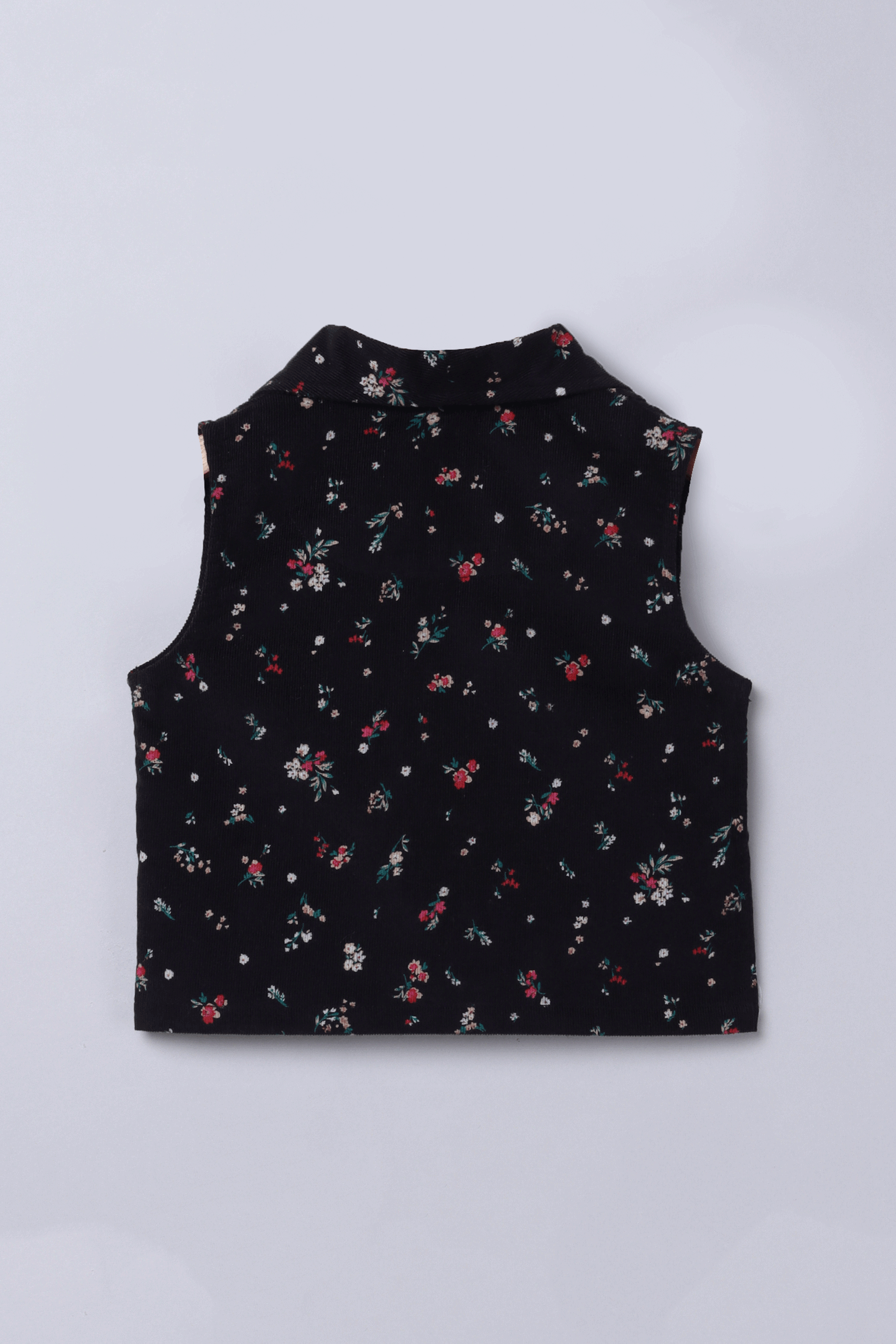 corduroy sleeveless floral printed  cropped Jacket-Black