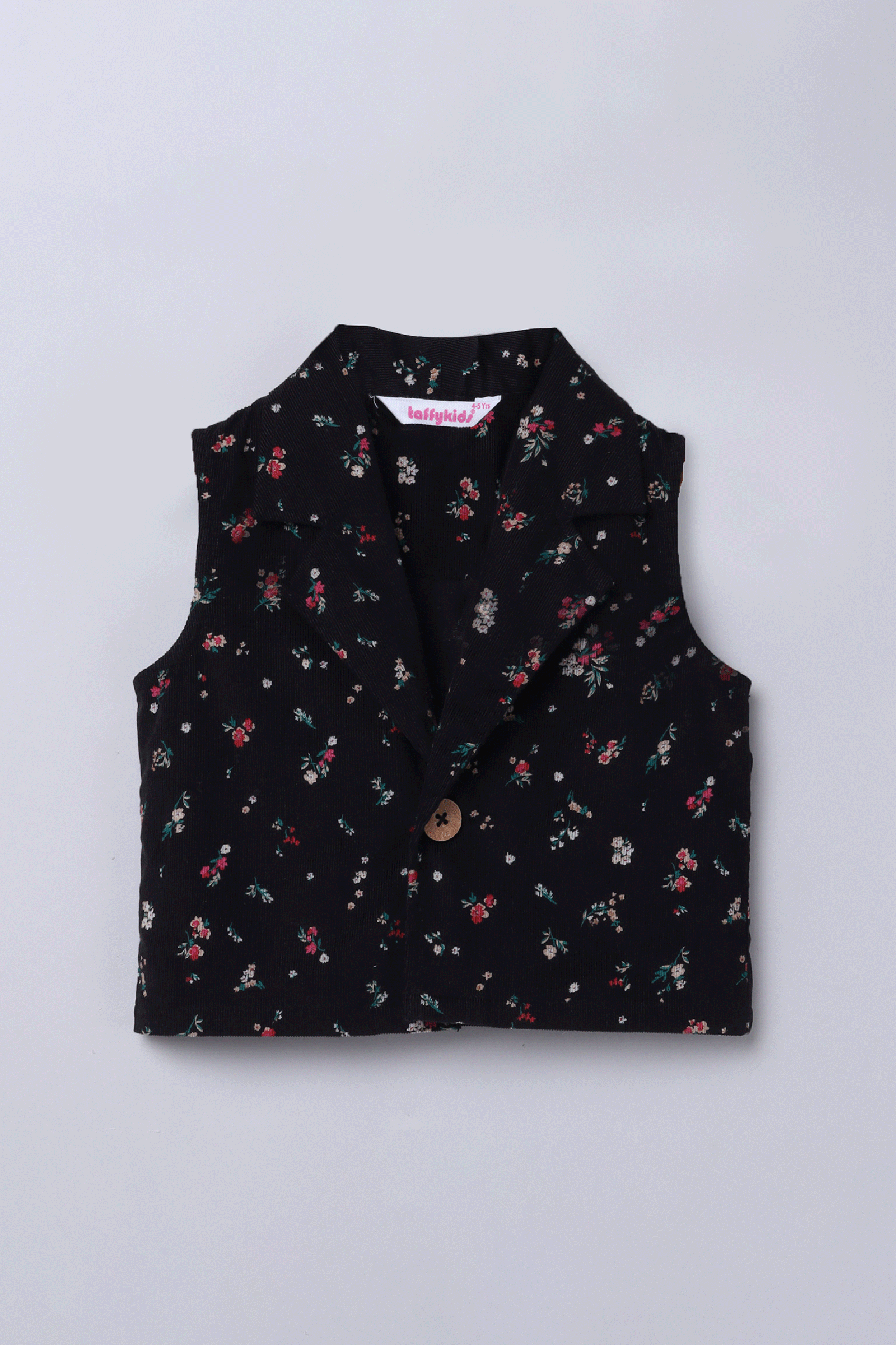 corduroy sleeveless floral printed  cropped Jacket-Black