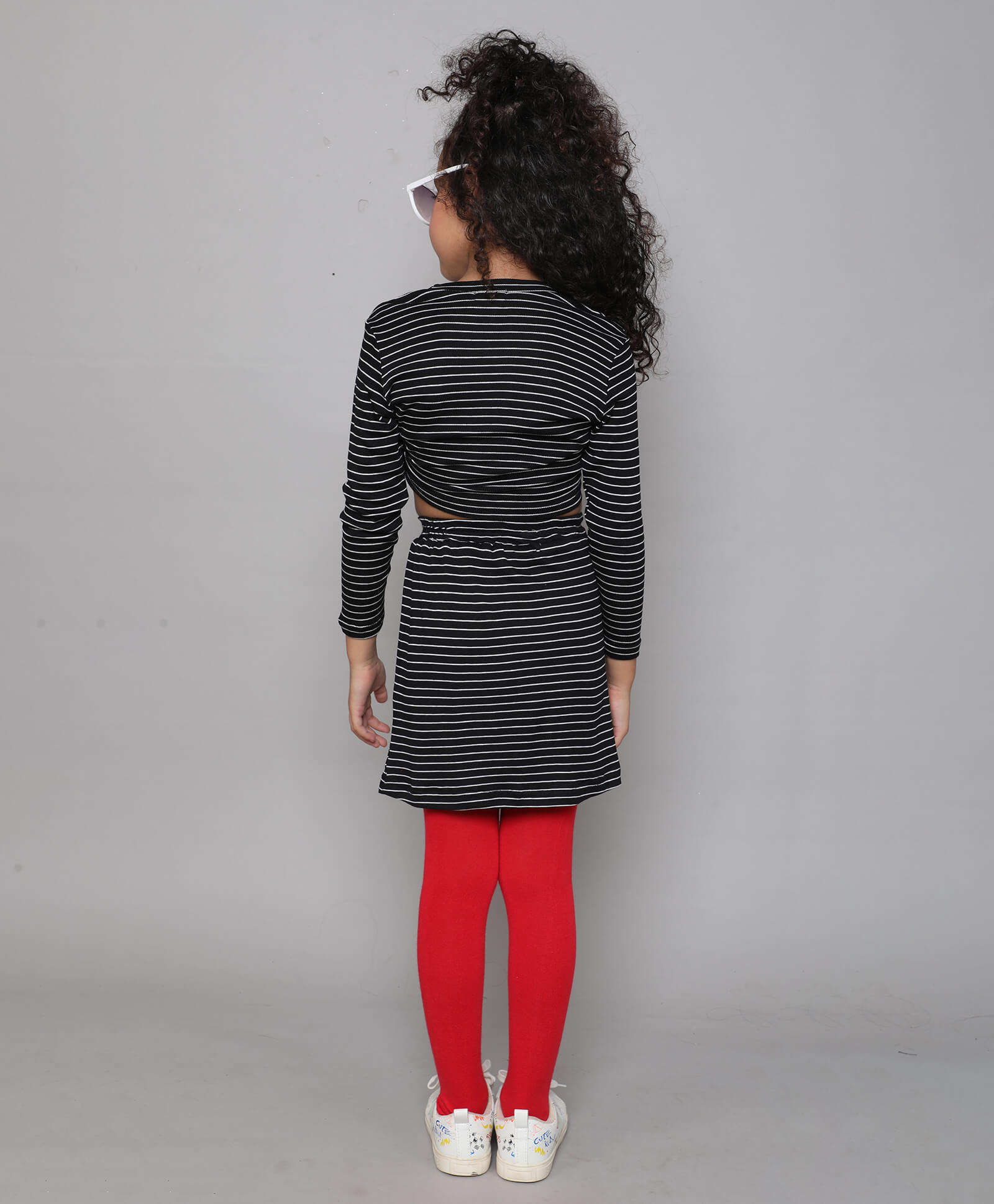 Girls Black White Stripes Full Sleeve Crop Top and Short Skirt Set