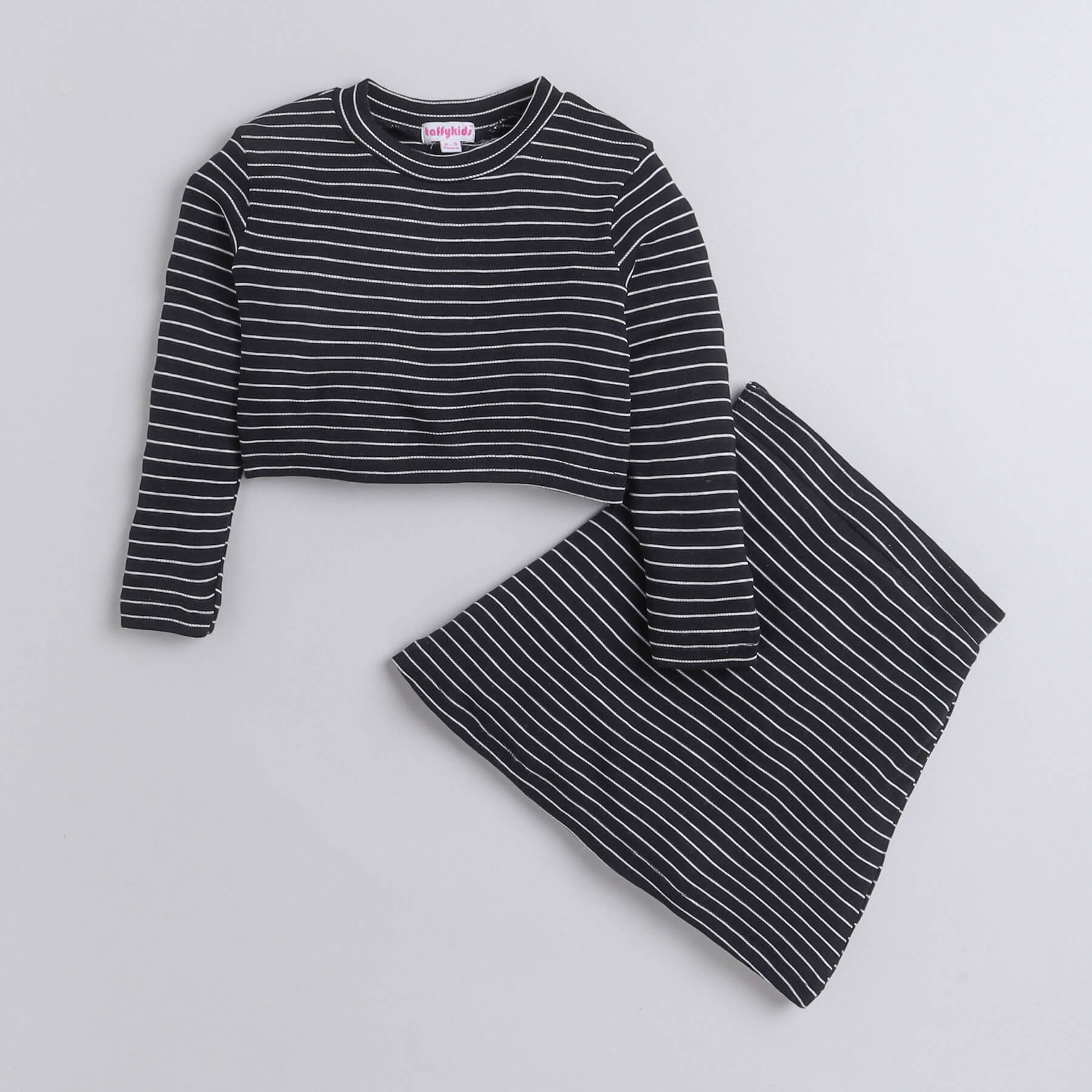 Girls Black White Stripes Full Sleeve Crop Top and Short Skirt Set