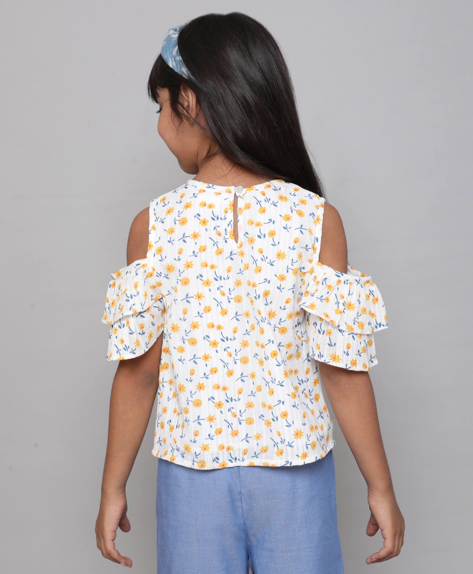 Girls White Floral Printed Cool Shoulder Ruffle Detail