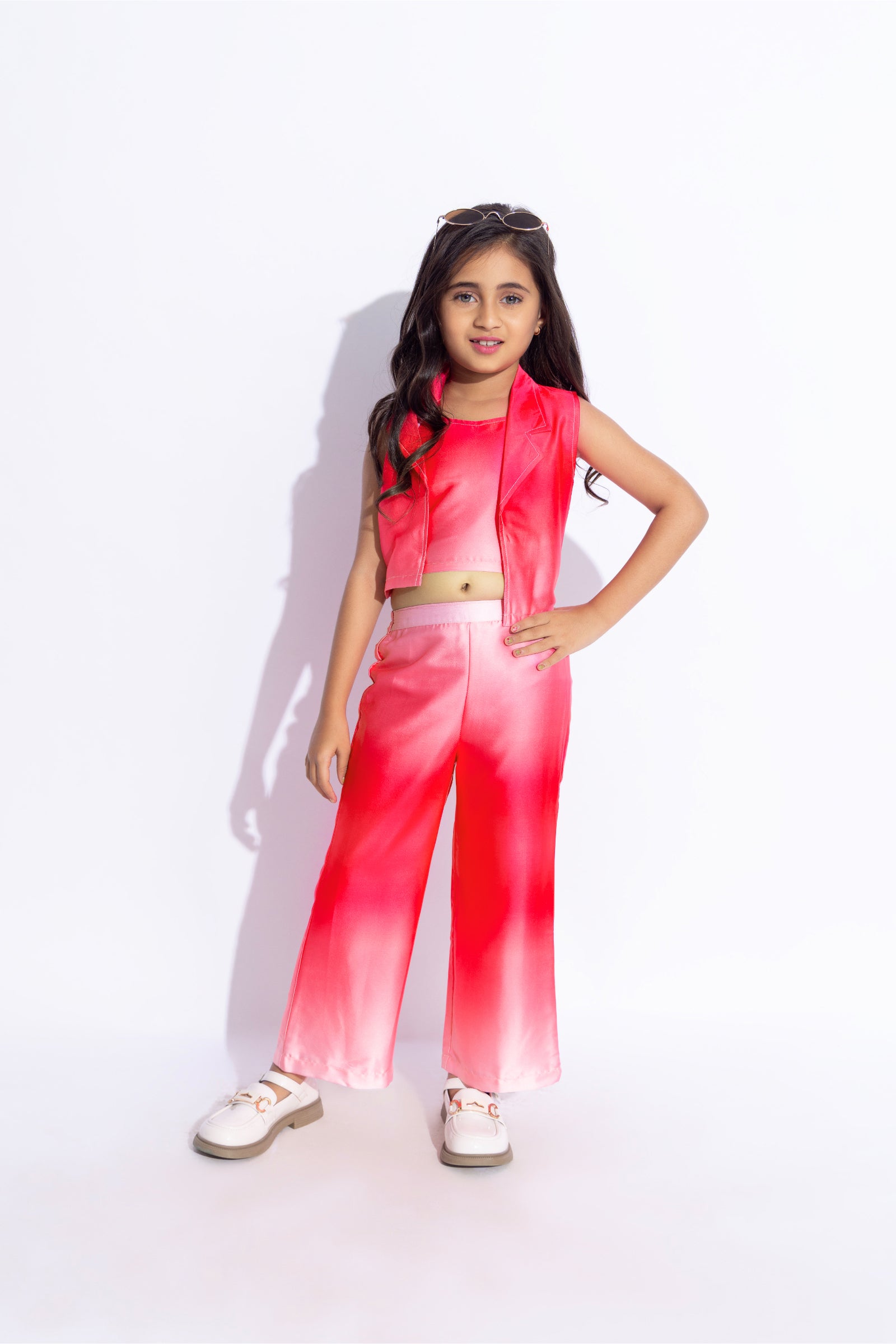 satin sleeveless ombre printed Sleeveless crop jacket with matching pant and singlet crop top set-Pink & Multi