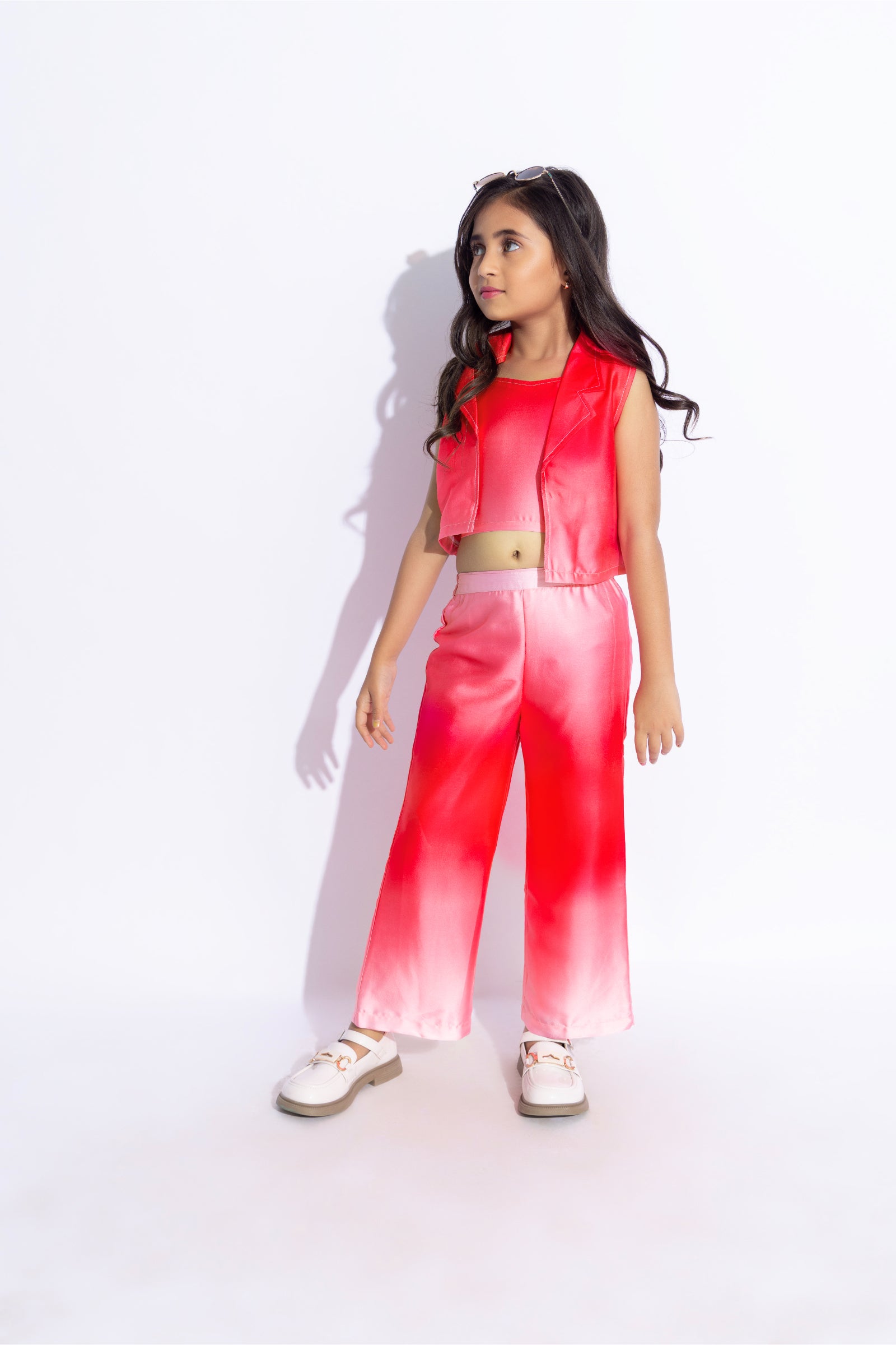 satin sleeveless ombre printed Sleeveless crop jacket with matching pant and singlet crop top set-Pink & Multi