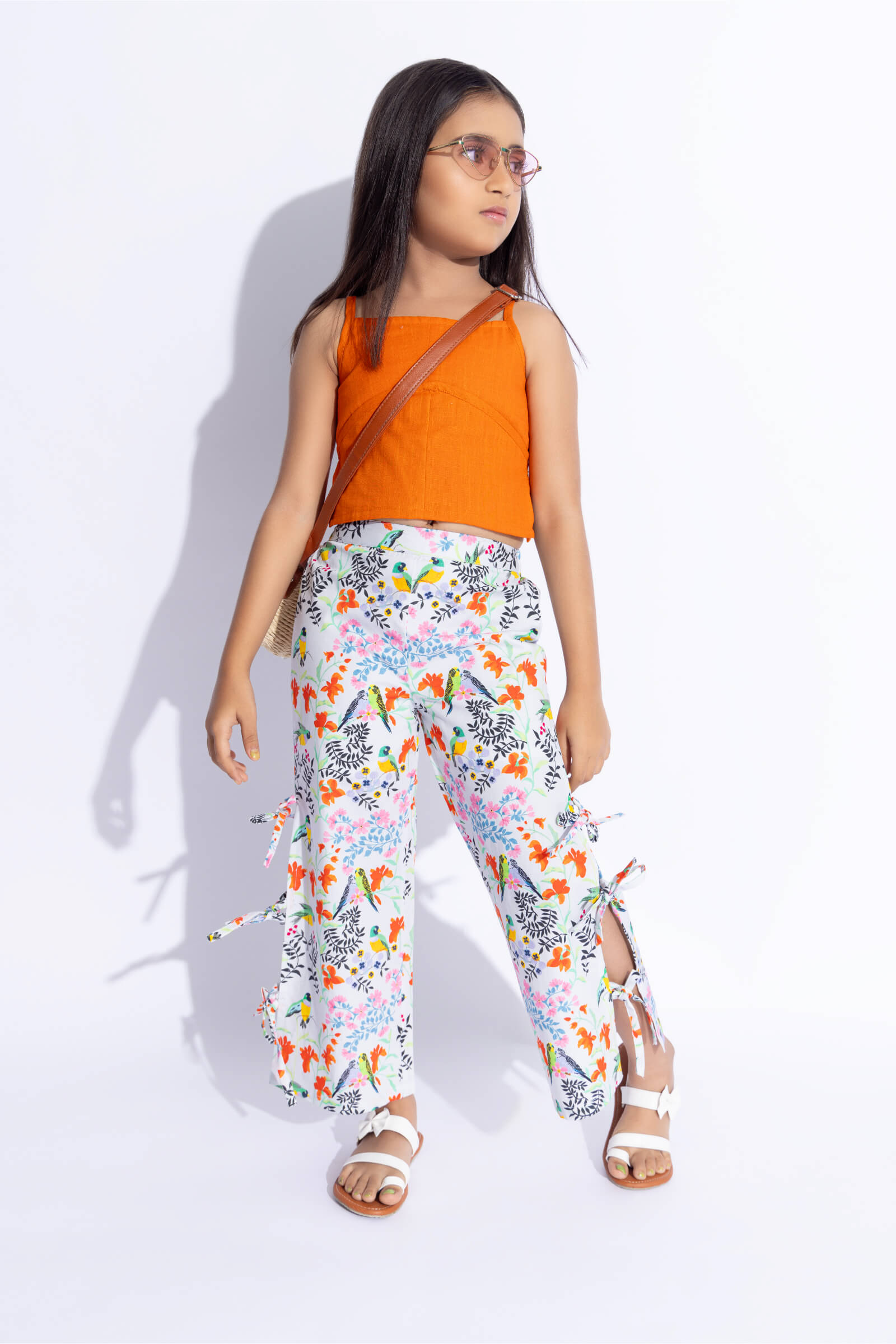 Linen sleeveless piping detailed Singlet top with printed side slit tie-up Pants-Orange & Multi