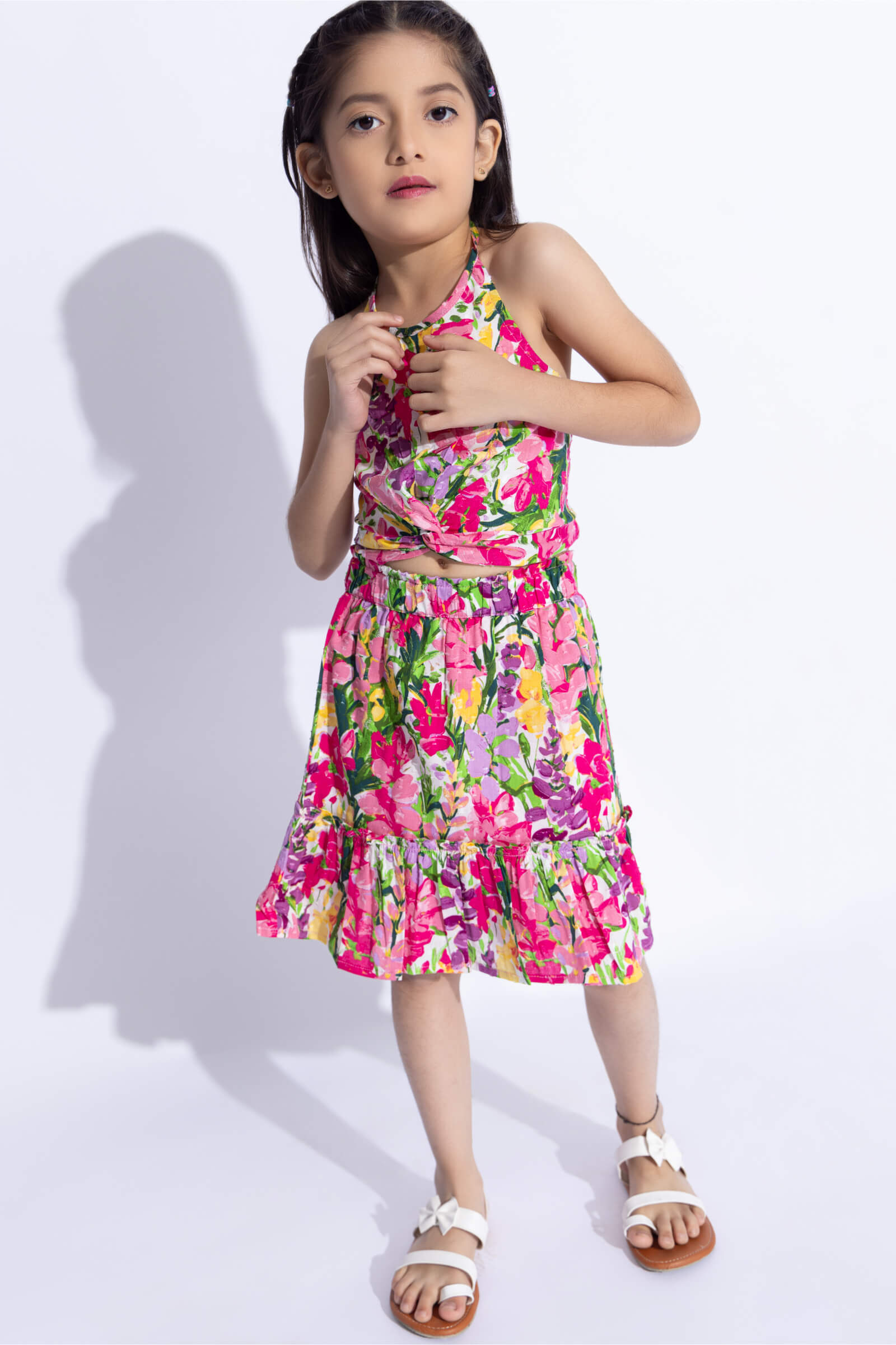 100% cotton Dobby Sleeveless floral printed twist detail crop top and tier skirt co-ord set-Multi