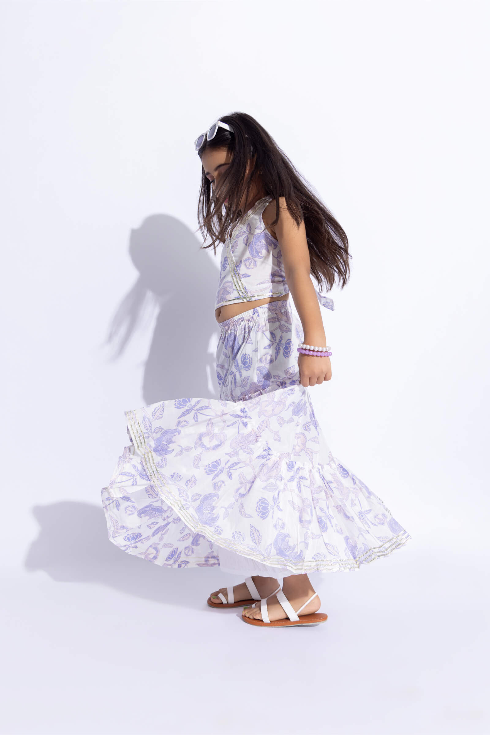 100% cotton sleeveless floral printed back tie up wrap ethnic crop top and tiered skirt set-White & Purple