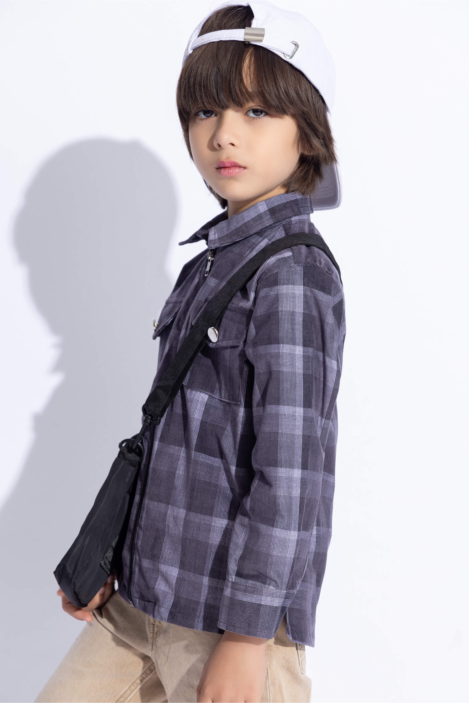 Corduroy Full sleeves checkered zip up shirt-Grey