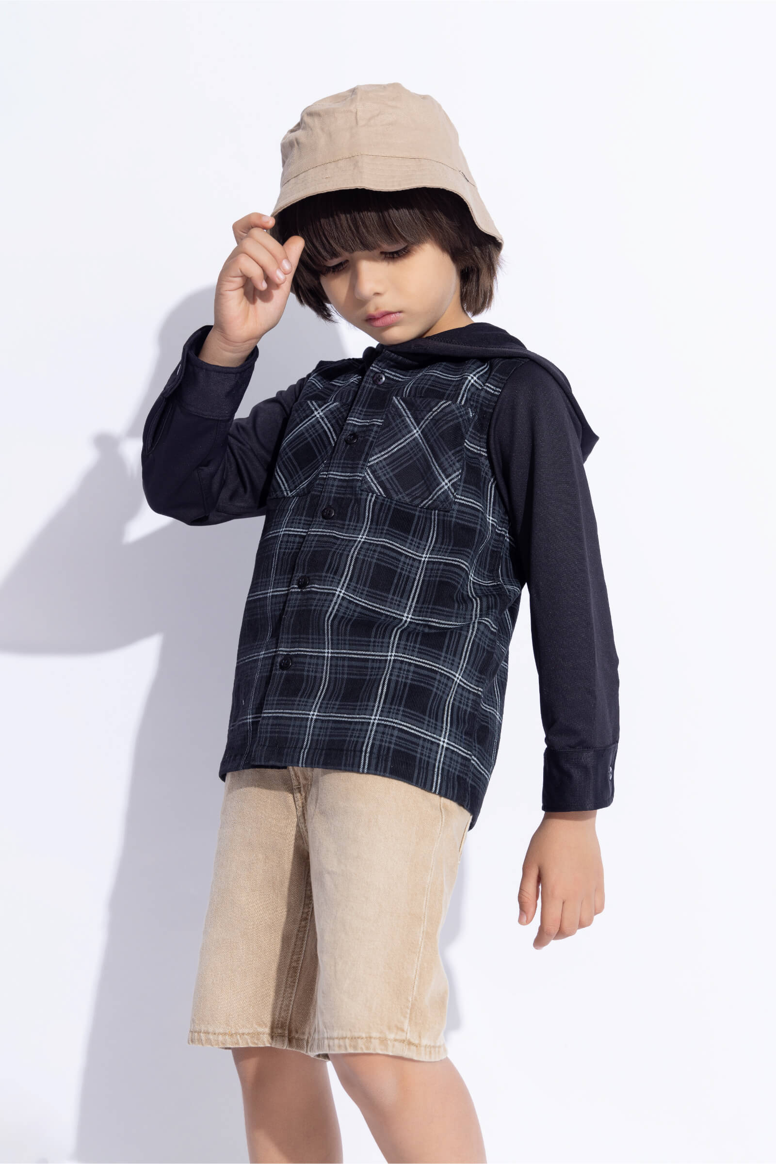 corduroy full sleeves checks printed hooded shirt- Black