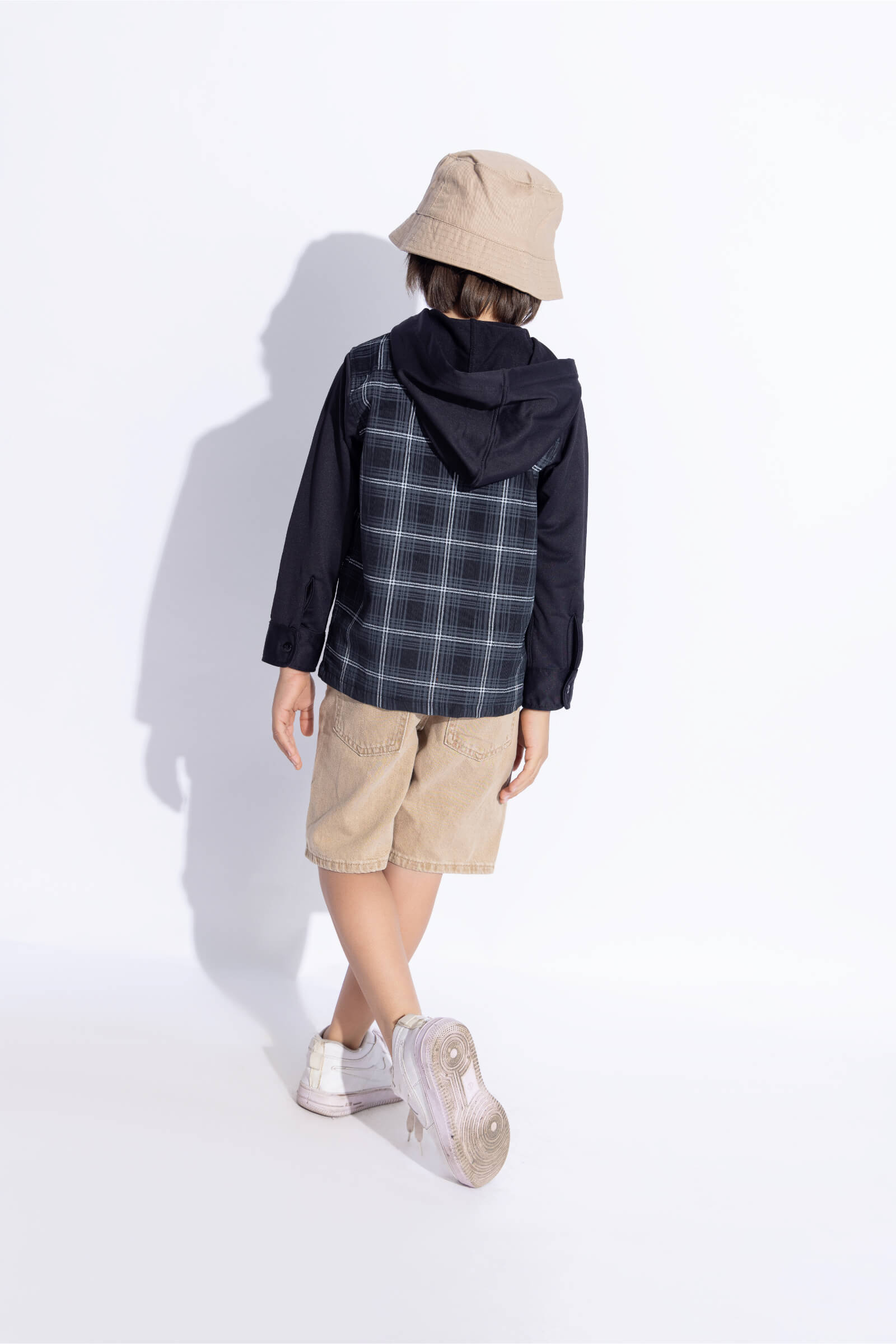 corduroy full sleeves checks printed hooded shirt- Black