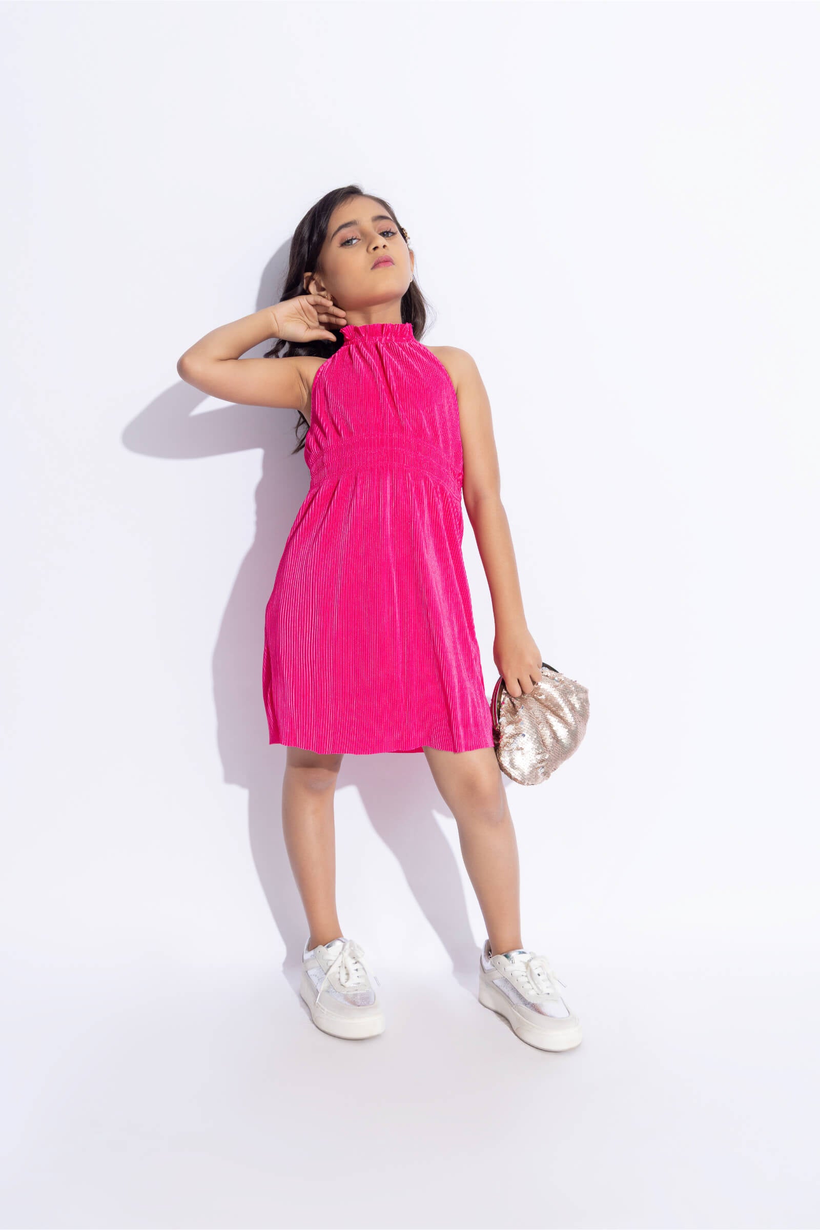 Pleated sleeveless halter neck Party dress - Hot pink