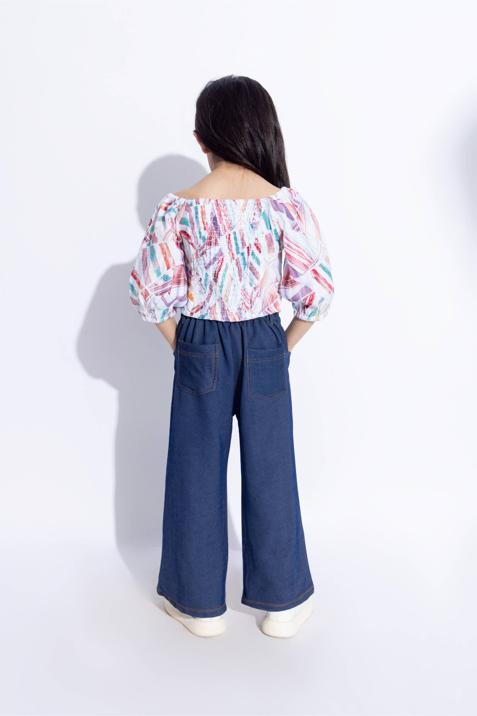 Cotton half sleeves Abstract printed ruch crop top and lycra denim pant set-Multi