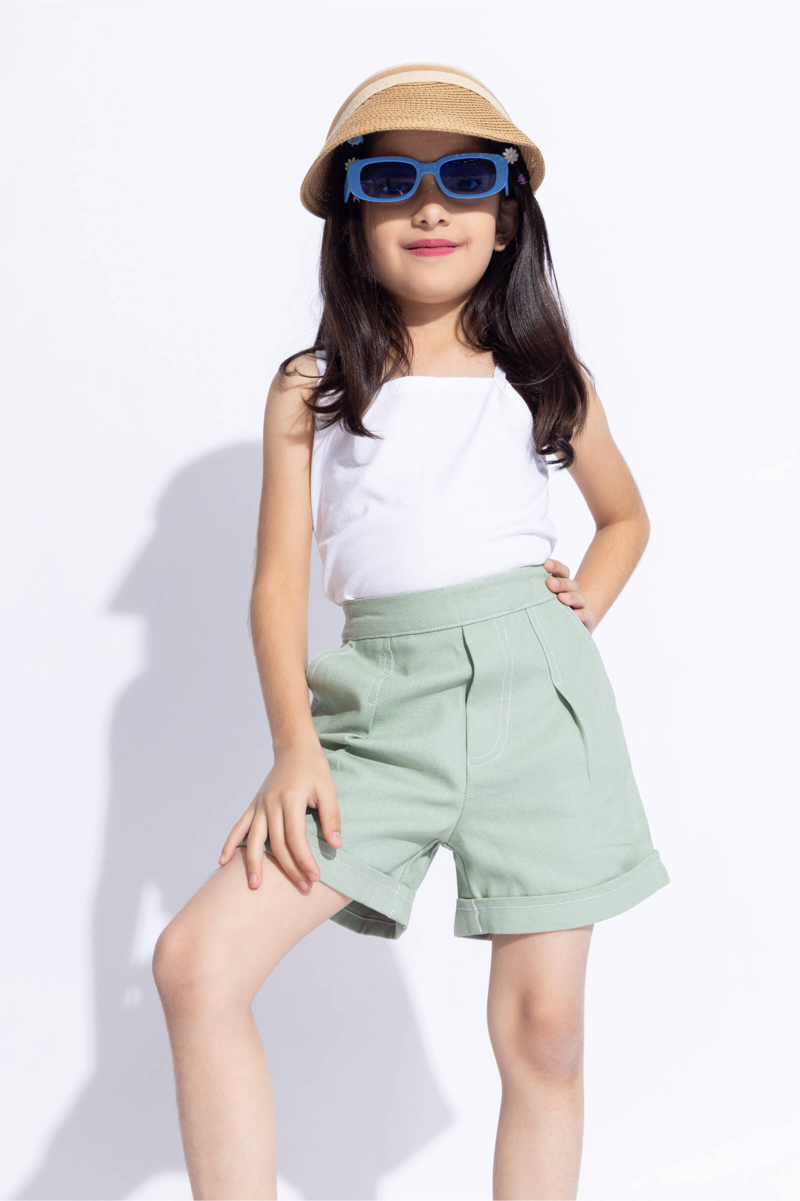 Top stitch detailed roll-up shorts-Green