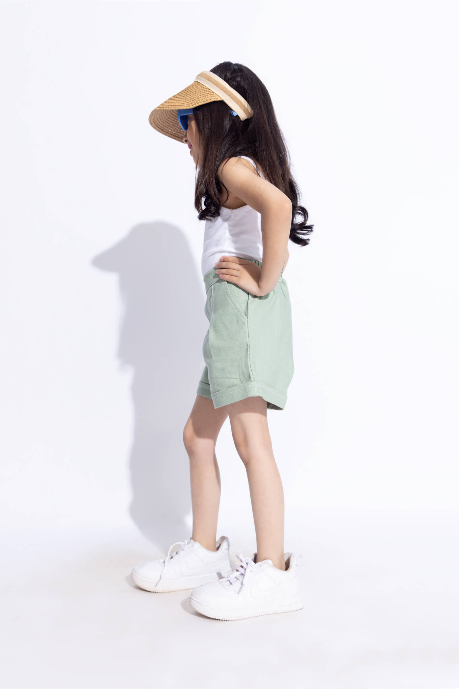 Top stitch detailed roll-up shorts-Green