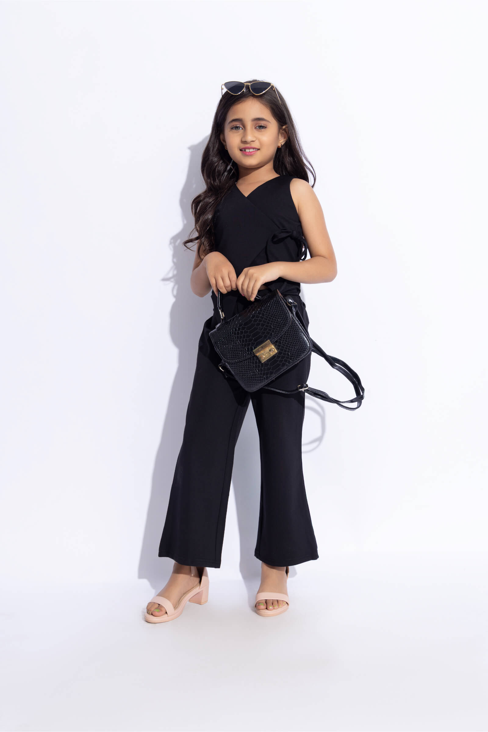 Sleeveless Asymmetric wrap vest top and pant set-Black