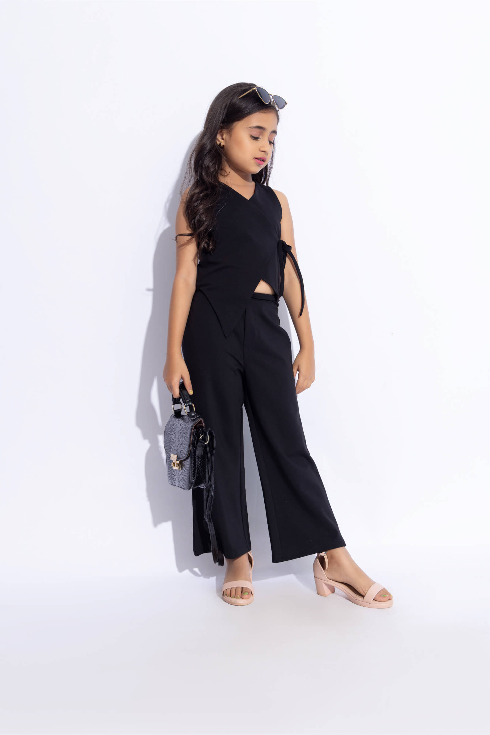 Sleeveless Asymmetric wrap vest top and pant set-Black