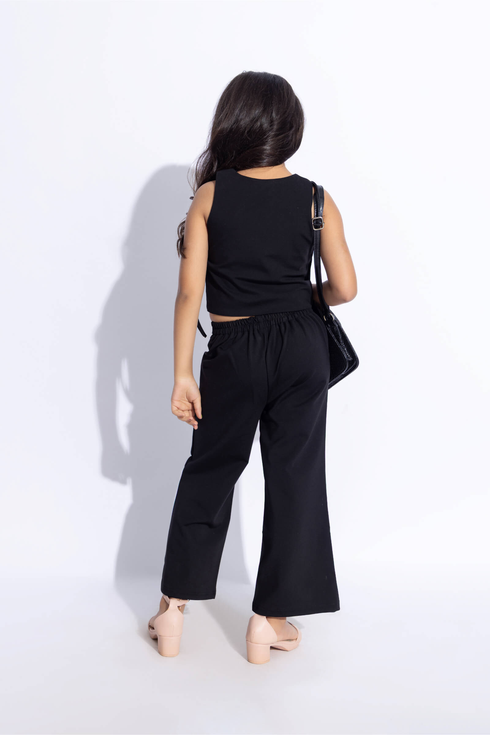 Sleeveless Asymmetric wrap vest top and pant set-Black