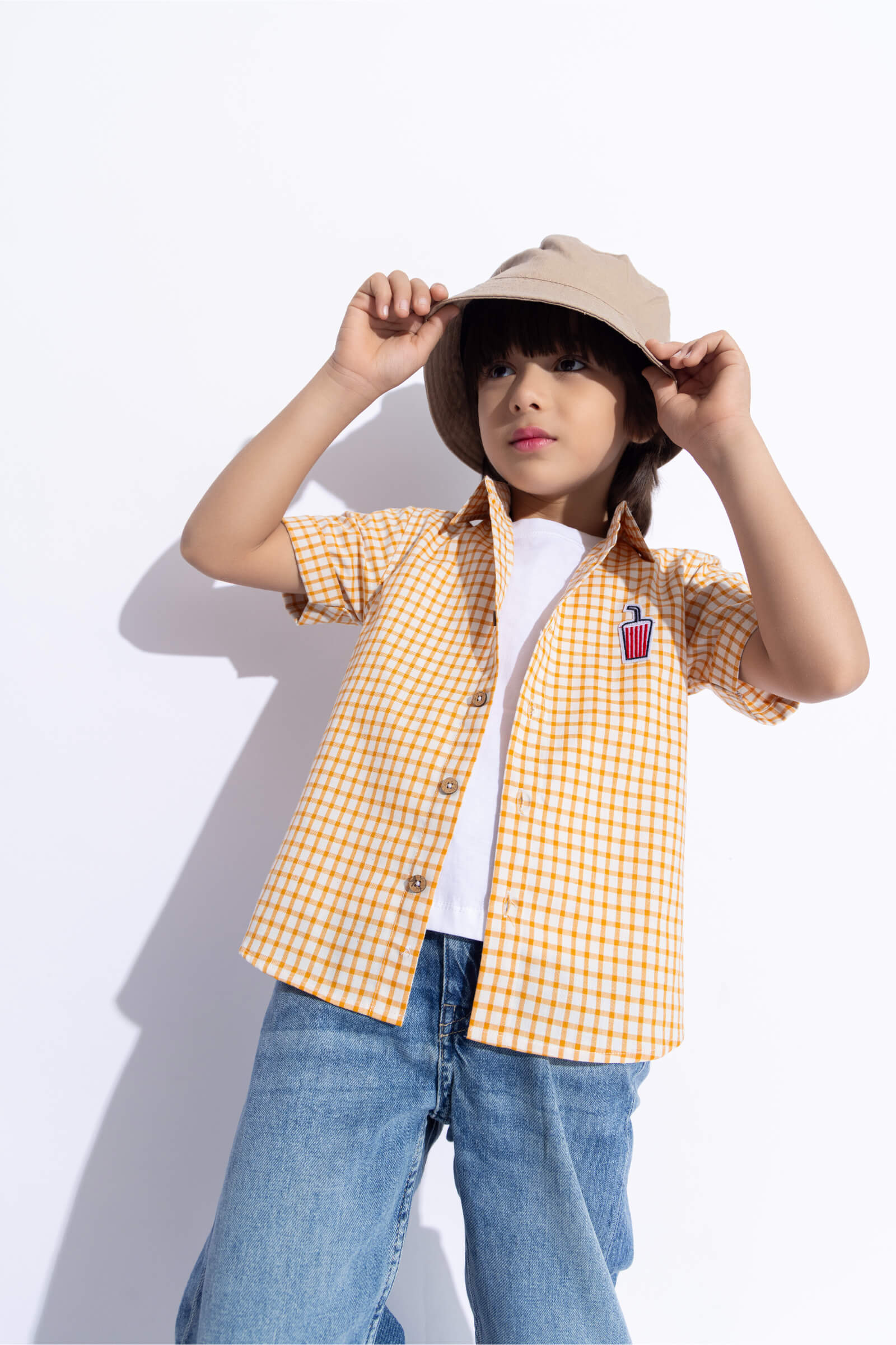 half sleeves Checked badge detailed shirt with attached tee- Yellow & White