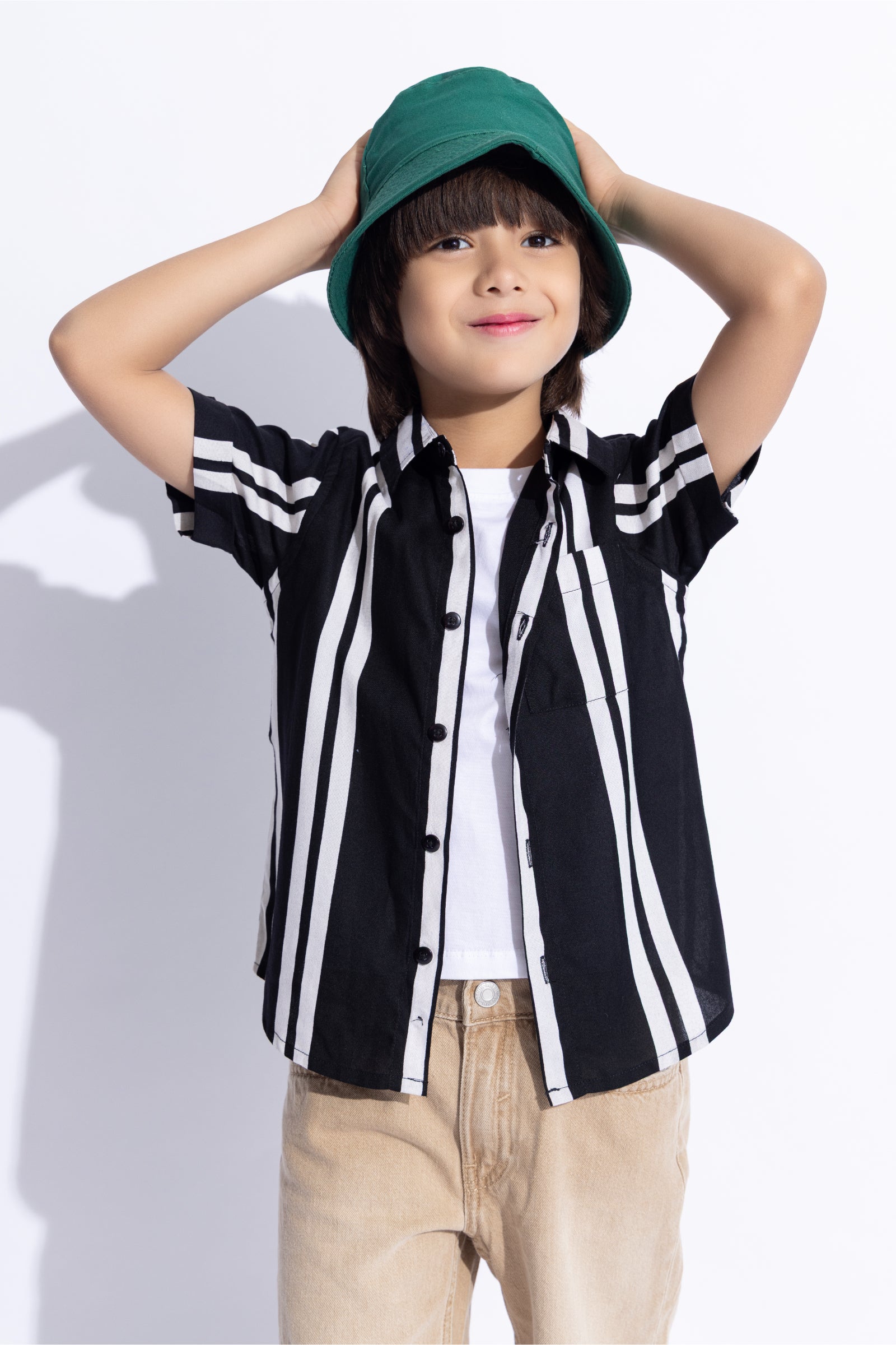 half sleeves stripe printed shirt with attached Tee-Black & White