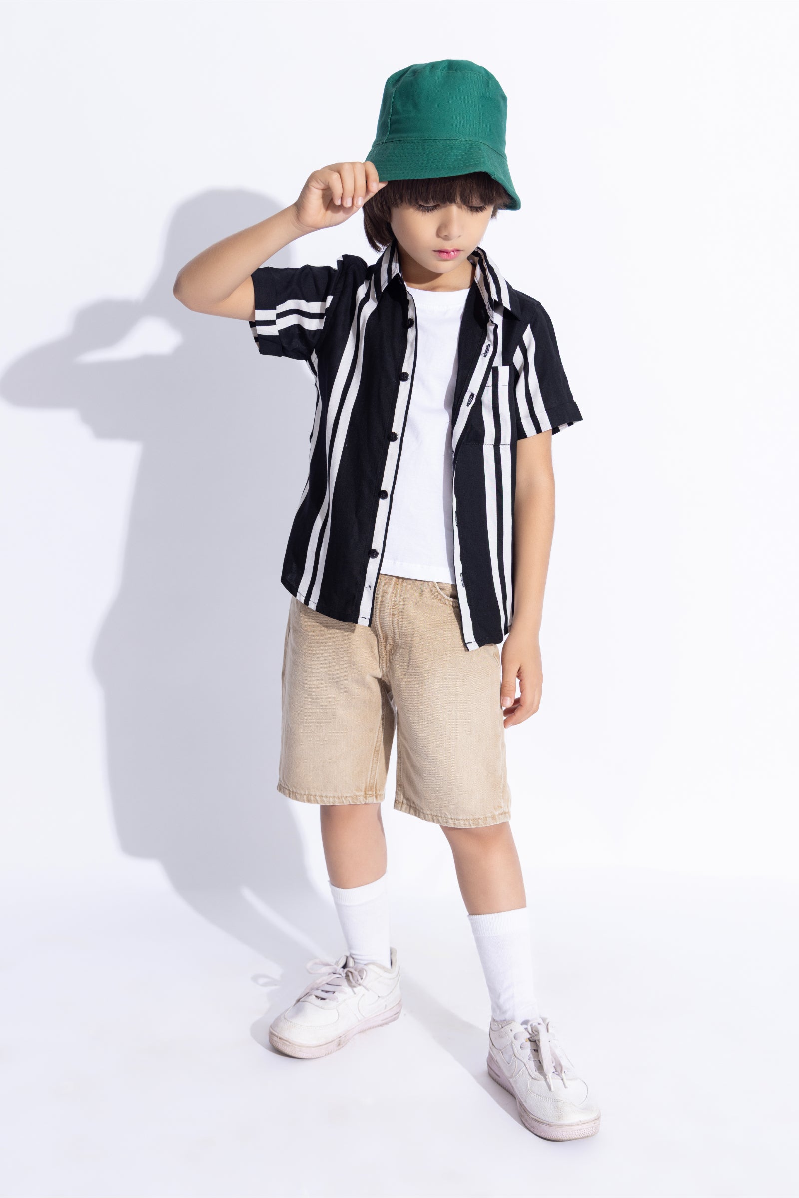 half sleeves stripe printed shirt with attached Tee-Black & White