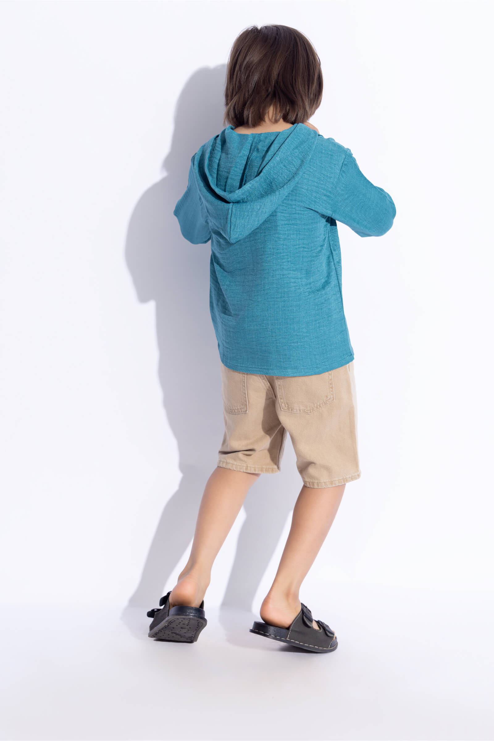 100% Viscose Full sleeves Pocket detail hooded shirt-Teal